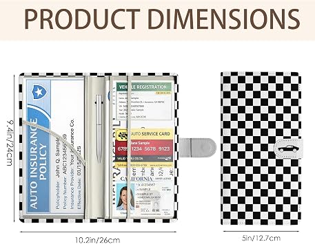 Car Registration and Insurance Holder with Magnetic Closure, Checkerboard | PU leather organizer with card slots, pockets, and quick-access storage for registration and insurance documents.