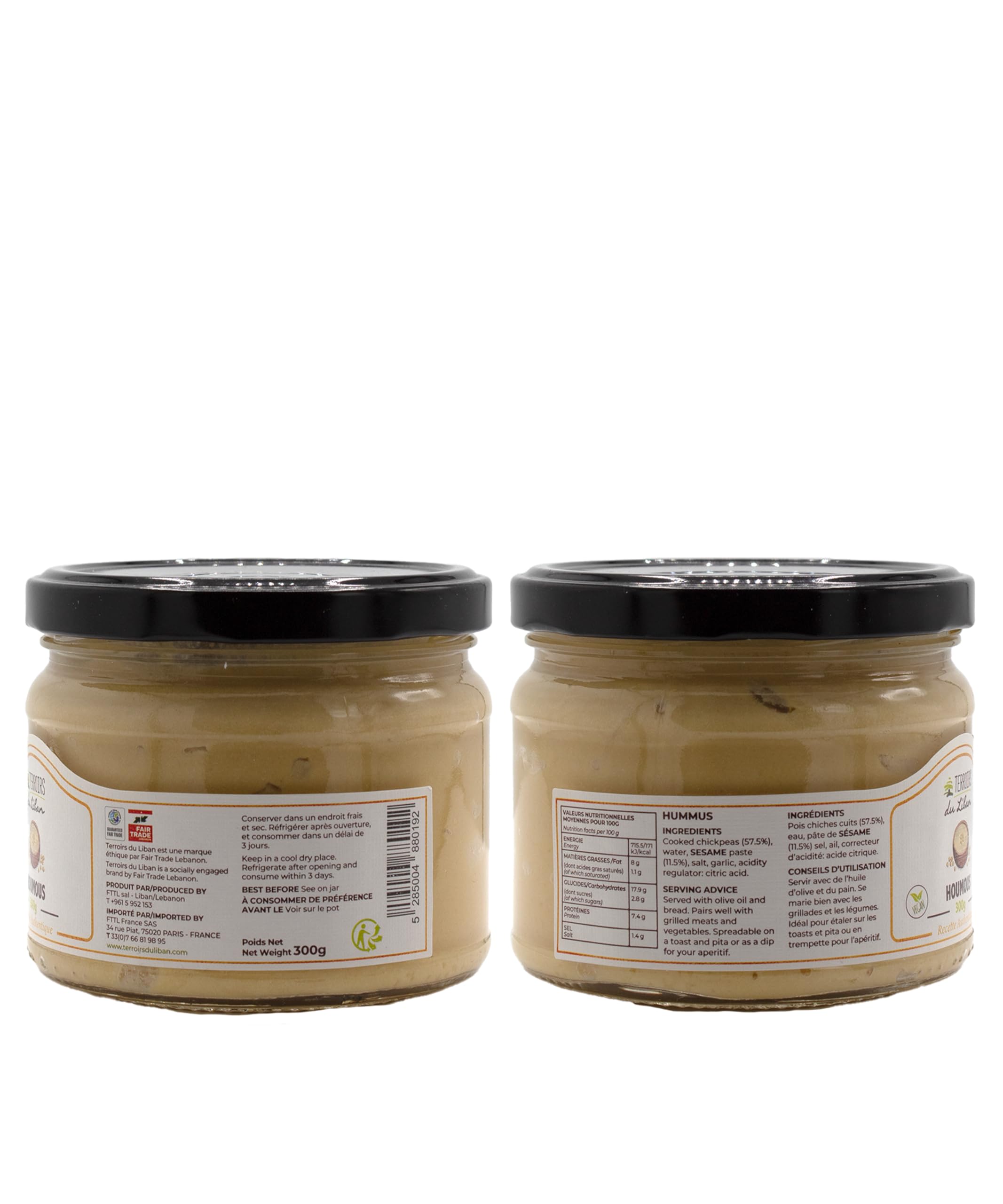 Houmous Libanais Authentique- Tartinade de Pois Chiches et Tahini- Vegan, Riche en Protéines & Fibres- Idéal pour Mezzés, Toasts et Grillades- Certifié Commerce Equitable- 3 x 300g- Terroirs du Liban