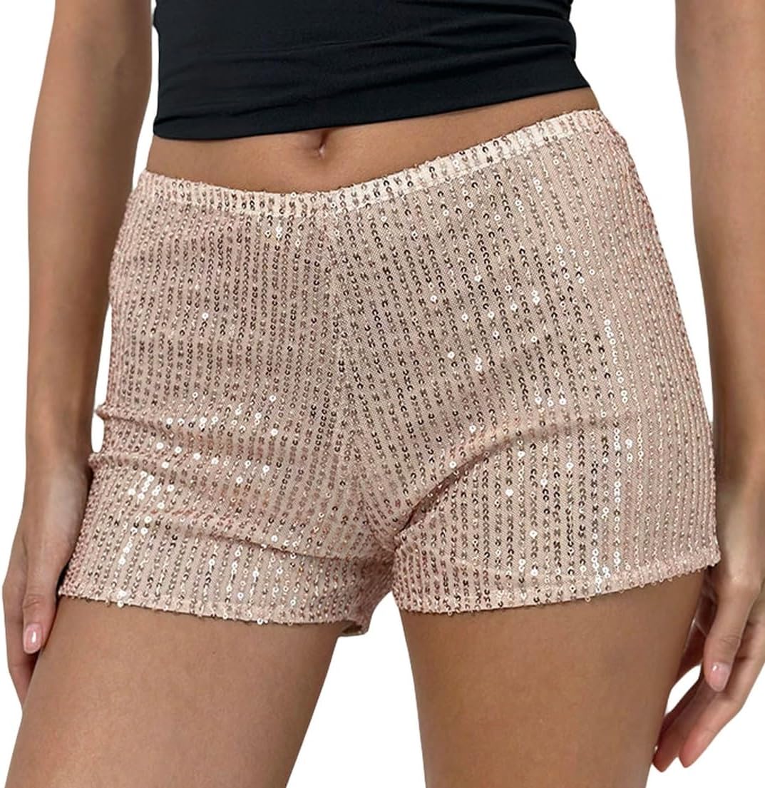 Women Sequin Micro Shorts Sparkle Low Rise Elastic Waist Bodycon Booty Shorts Glitter Night Out Party Hot Pants