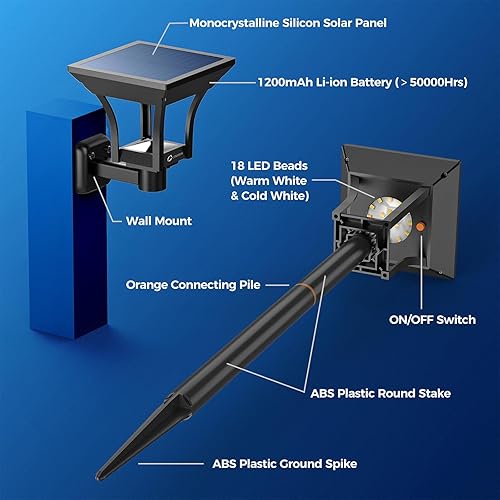 Miniatura 7 de CINOTON - Luces solares para caminos exteriores 2 en 1 con 4 modos de iluminación, luces LED impermeables IP65 con energía solar para pared, jardín,