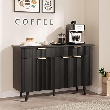 Garvee 47 Inch Sideboard Buffet Cabinet, Wood Storage Cabinet with 3 Fluted Doors, Adjustable Shelves and 2 Drawers, Coffee Bar Accent Credenza for Living Room, Dining Room- Black