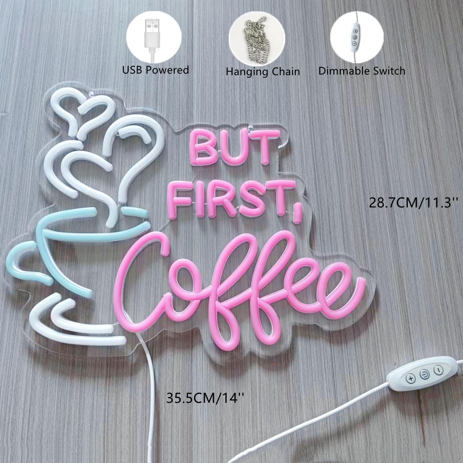 But First Coffee Neon Sign Large 5V USB Powered Acrylic Neon Lights with Dimmable Switch and Hanging Chain for Coffee Cafe Bar Party Living Room Sign Gifts 14 * 11.3inch(Pink)
