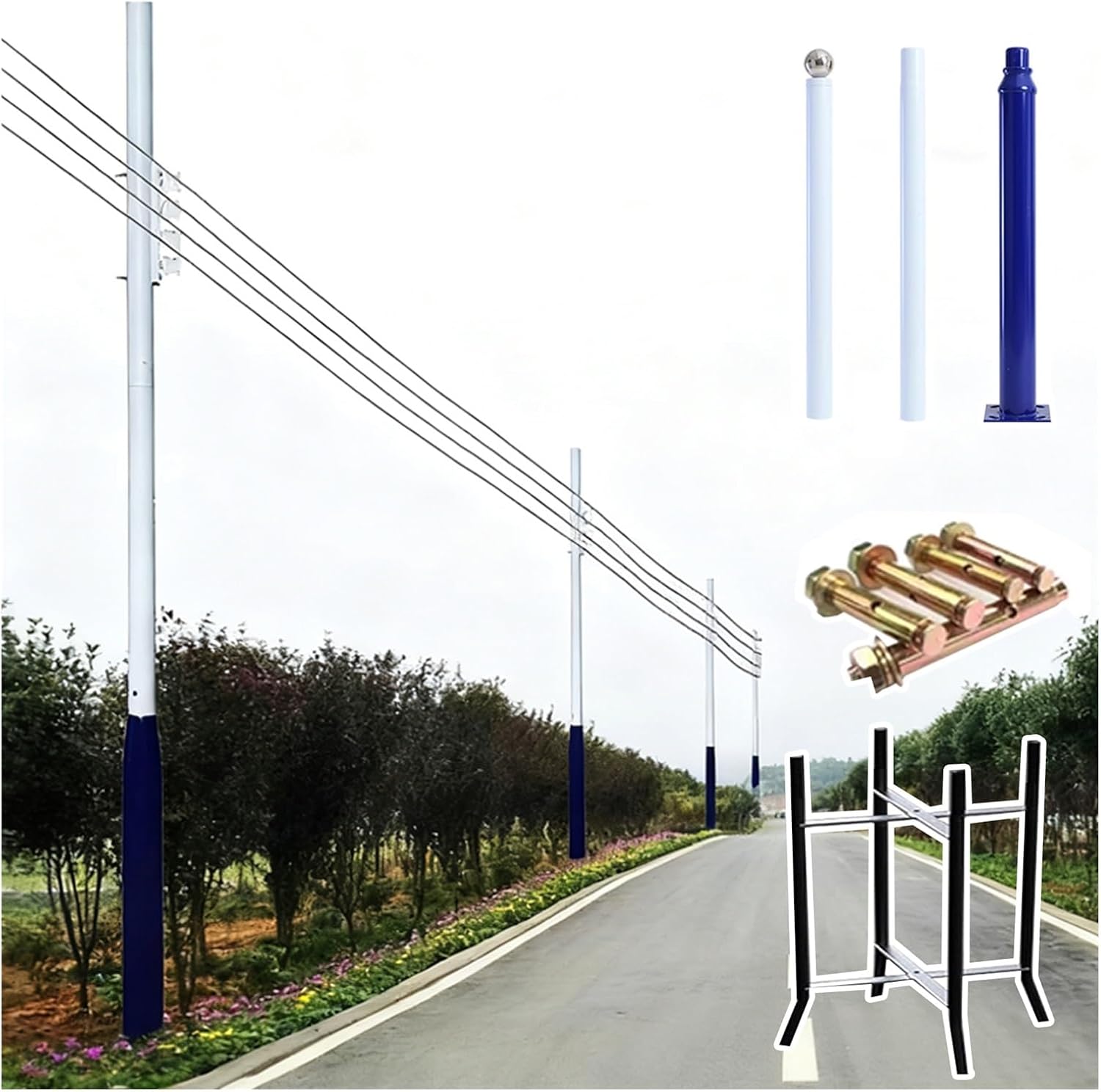 Utility Pole Holder Mount for Urban Roads, 177-284in for Supporting Power Lines, 3-5 Sections