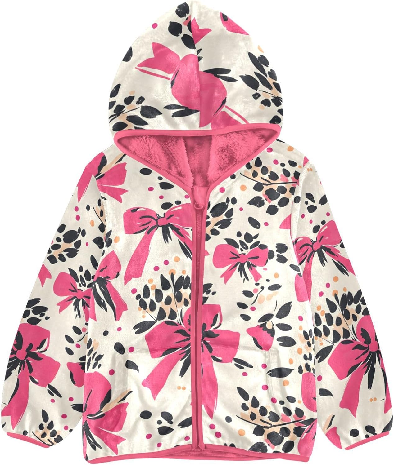 Girls Hoodie Outfit Pink Bow Leopard Print Pattern Zipper Sweatshirt Coat Fleece Jacket for Kids 3-10T