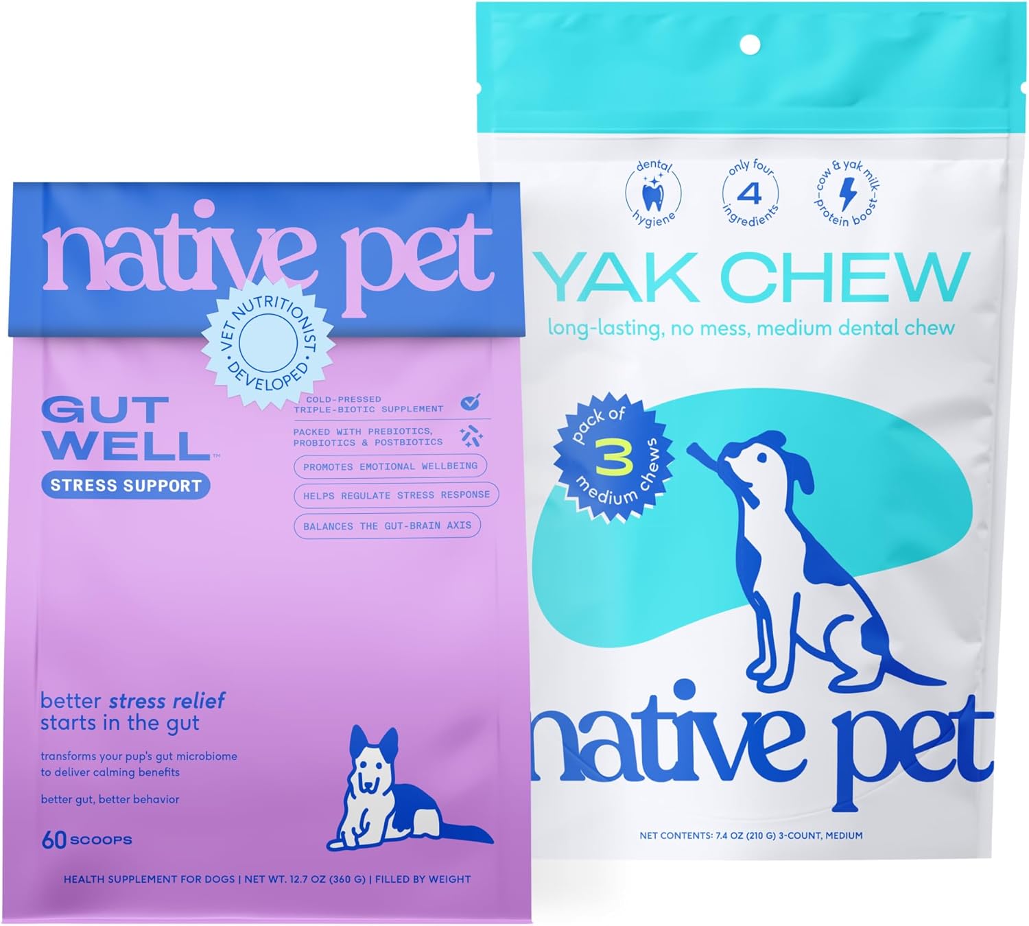 Native Pet Chew & Chill Bundle: 60 Scoops GutWell Stress Support - Dog Anxiety Relief & Calming Treats & 3 Medium Yak Cheese Himalayan Dog Chews - Long Lasting Dental Sticks