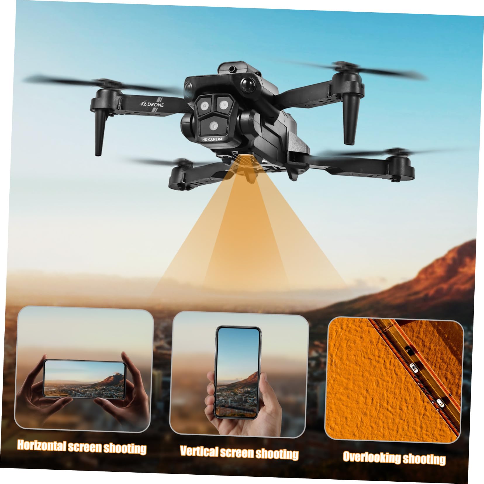 Mini Drone Pieghevole con Camera, Tripla Hd, Lente Elettrica 150° | Doppie Batterie 1800mah 3, 7v, Controllo Via App e Funzione Hold, Corpo Abs Nero