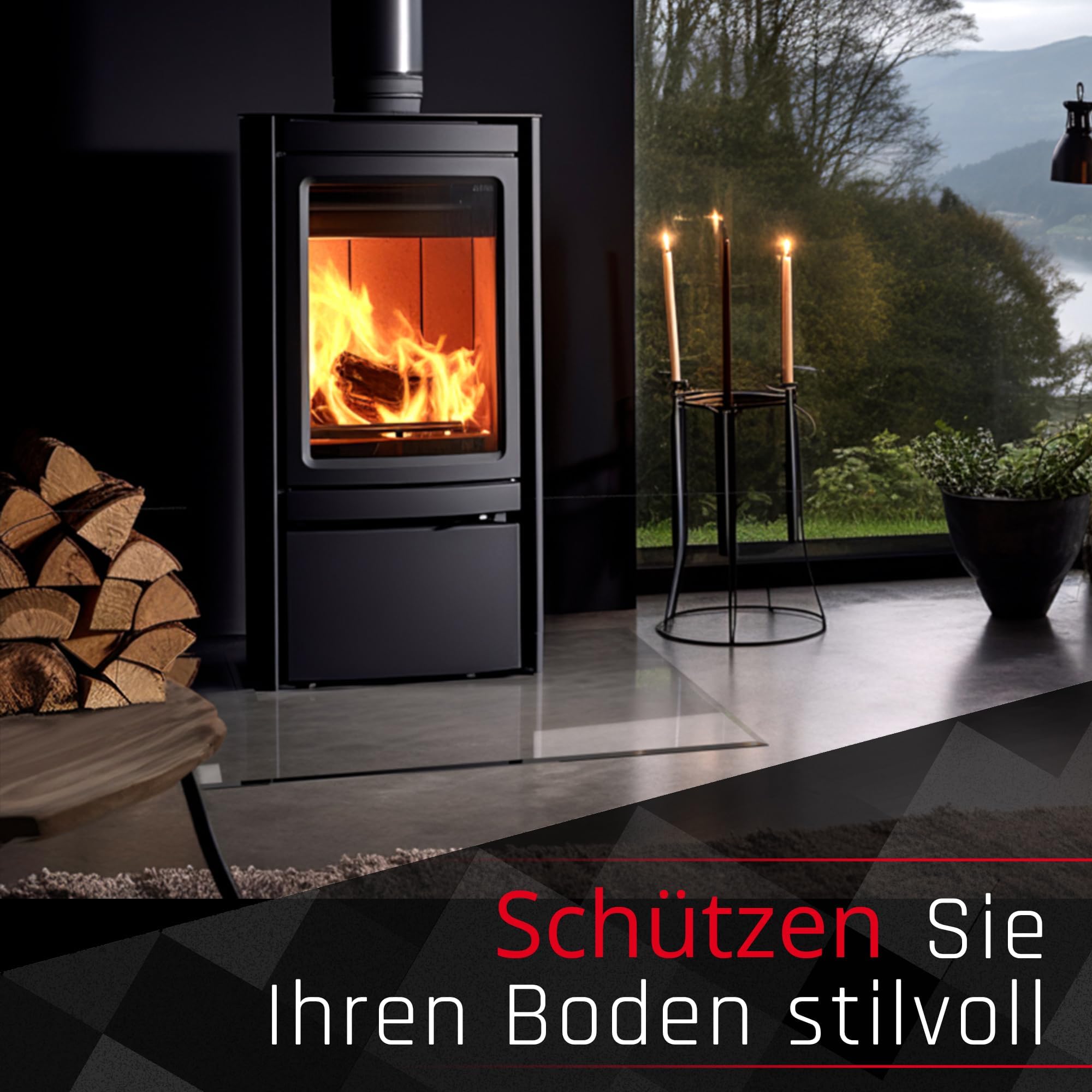BIJON Glasplatte Quadrat für Kaminofen mit Dichtlippe, Glasbodenplatte - Funkenschutzplatte Glas mit Facettenschliff, Kaminglas Bodenplatte, Stärke 6mm 110x110 cm