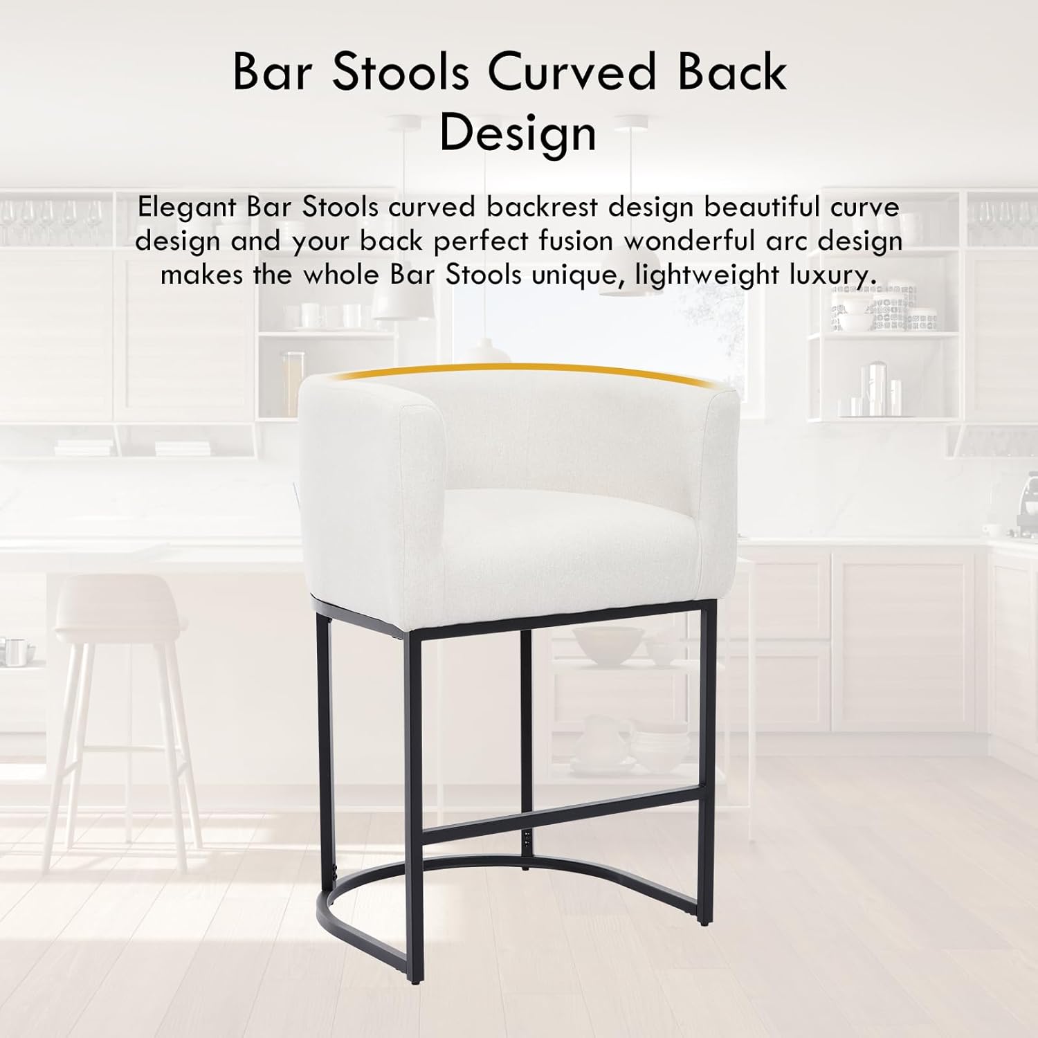 Modern Bar Stools Set of 2 Kitchen Island Chairs with Backrest, 33.8" H Barrel Counter Stools with Matte Black Frame, Upholstered Bar Chairs for Home Bar & Dining Room, Linen Beige