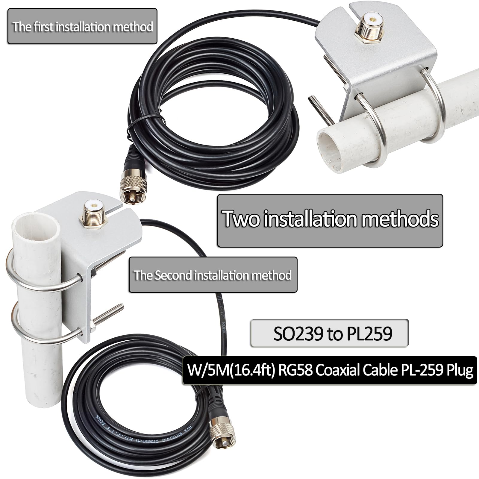 HYS Support d'antenne mobile SO239 vers PL-259 W/5 m, câble coaxial RG-58 à faible perte en aluminium robuste avec 2 boulons en U pour antenne radio mobile PL259 (UHF mâle) HF/VHF/UHF