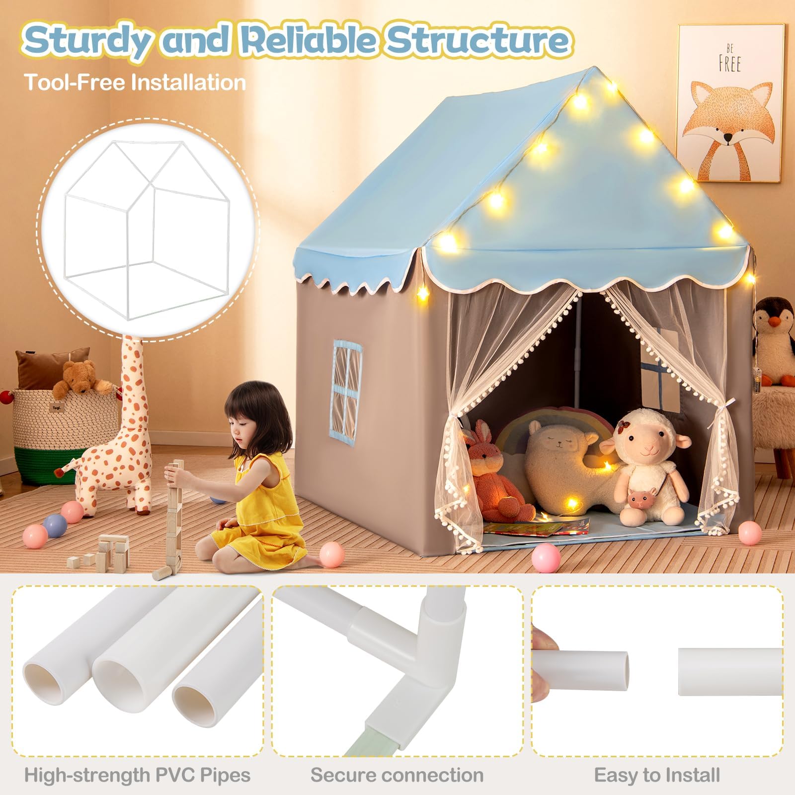 HOMASIS Tenda da Giochi per Bambini, Casetta per Bambini Interna con Tappeto Lavabile e Luci a Forma di Stella, Casa Giochi con Porta e Finestre, 105 x 121 x 136 cm (Blu)