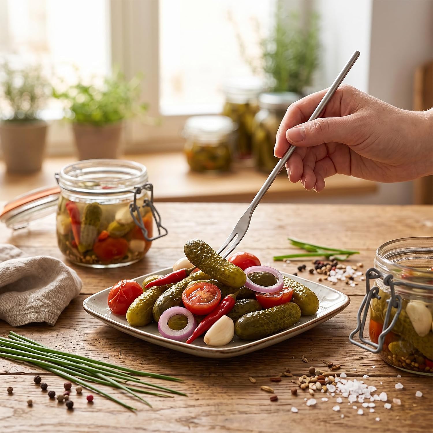 2Pcs Olive Spoon and Pickle Fork, Stainless Steel Long Handle Drain Holes