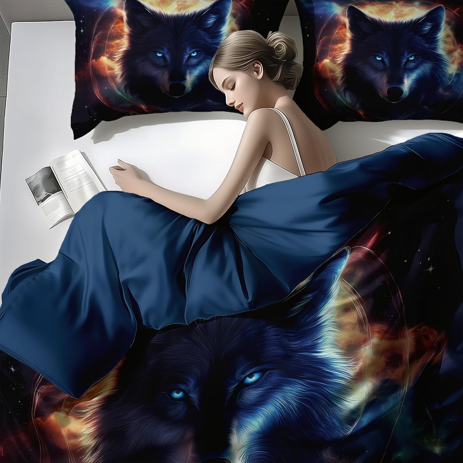 Duvet Cover Twin Size, Fantasy Cosmic Wolf Head Pattern Soft & Breathable Bedding Set for Boys Girls and Teens, Blue Duvet Covers with Zipper Closure