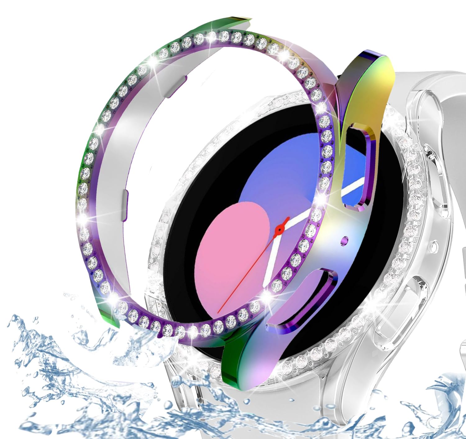 DEALELE [2-PACK] Case Compatible with Samsung Galaxy Watch 5/4 44mm, Bling Single-Row Diamond PC Protective Case Replacement Watch Cover Bumper (44mm, Gold+Transparent) — view 71