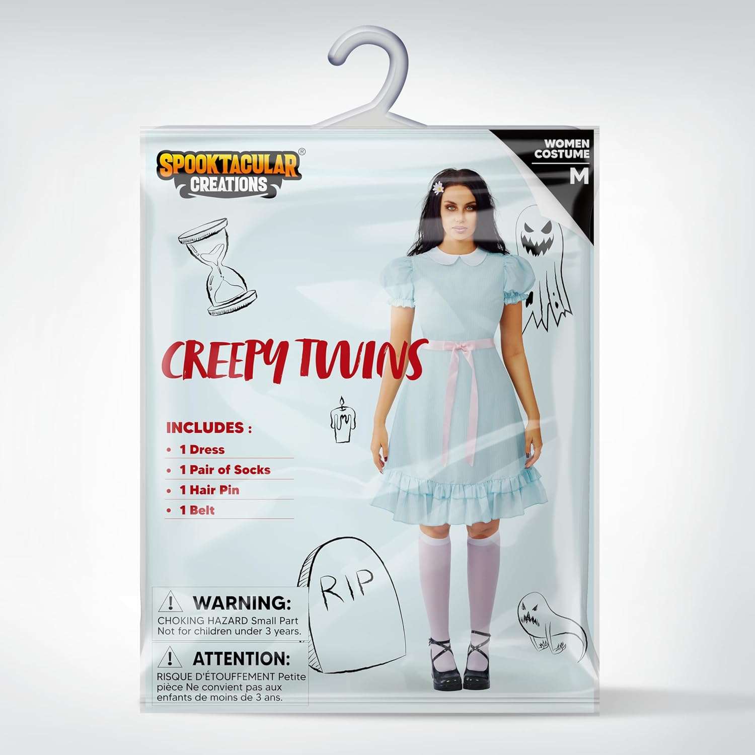 Spooktacular Creations Creepy Twins Costume for Women, Blue Puff Sleeve Creepy Doll Dress, Halloween Costume for Women Adult