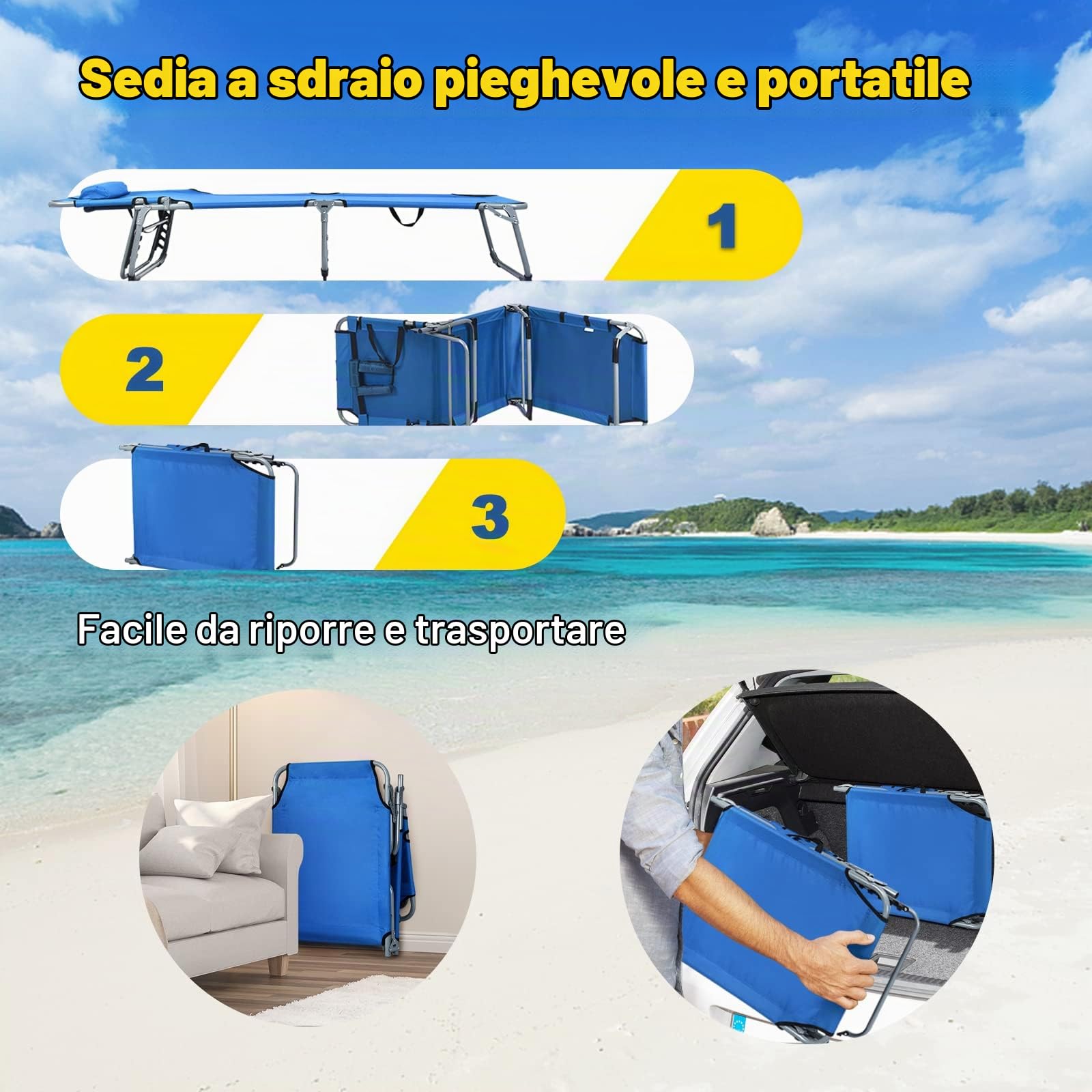 LIFEZEAL Lettino Prendisole Pieghevole, Lettini da Spiaggia con Schienale Regolabile in 5 Posizioni, Sdraio da Giardino con Cuscino Staccabile, Brandina Portatile da Mare o Campeggio (Blue)