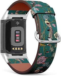 Compatible with Fitbit Charge 5, Patterned Leather Replacement Band (Victorian garden floral pattern with parrot and peony)
