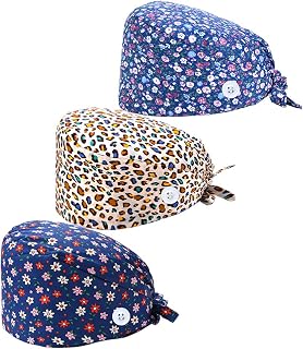 Working Cap with Buttons Surgical Scrub Cap with Sweatband and Ponytail Hole, Adjustable Working Hat for Women Men