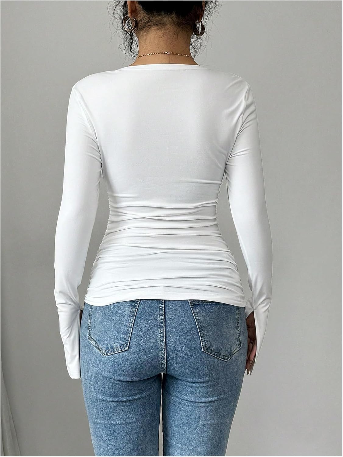 SweatyRocks Women's Long Sleeve Ruched Fitted Tops Square Neck Slim Fit Casual Tees Shirts - Image 2