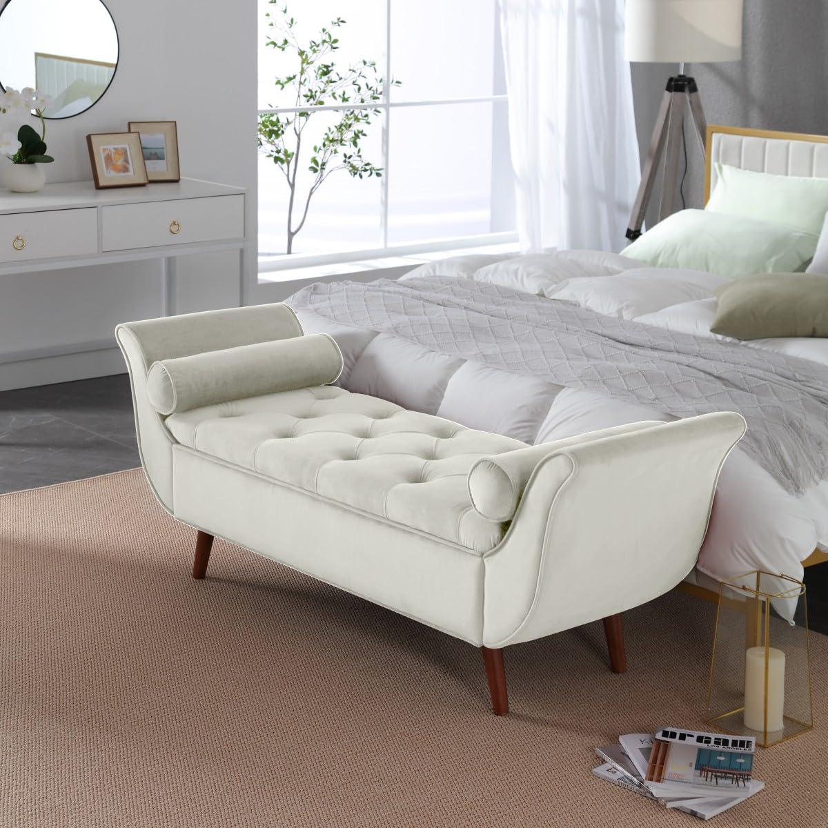 PEIHONGET Velvet Storage Bench for Bedroom End of Bed with 2 Pillow, Upholstered Button Tufted Storage Ottoman Bench Footstool Rolled Arm Solid Wood