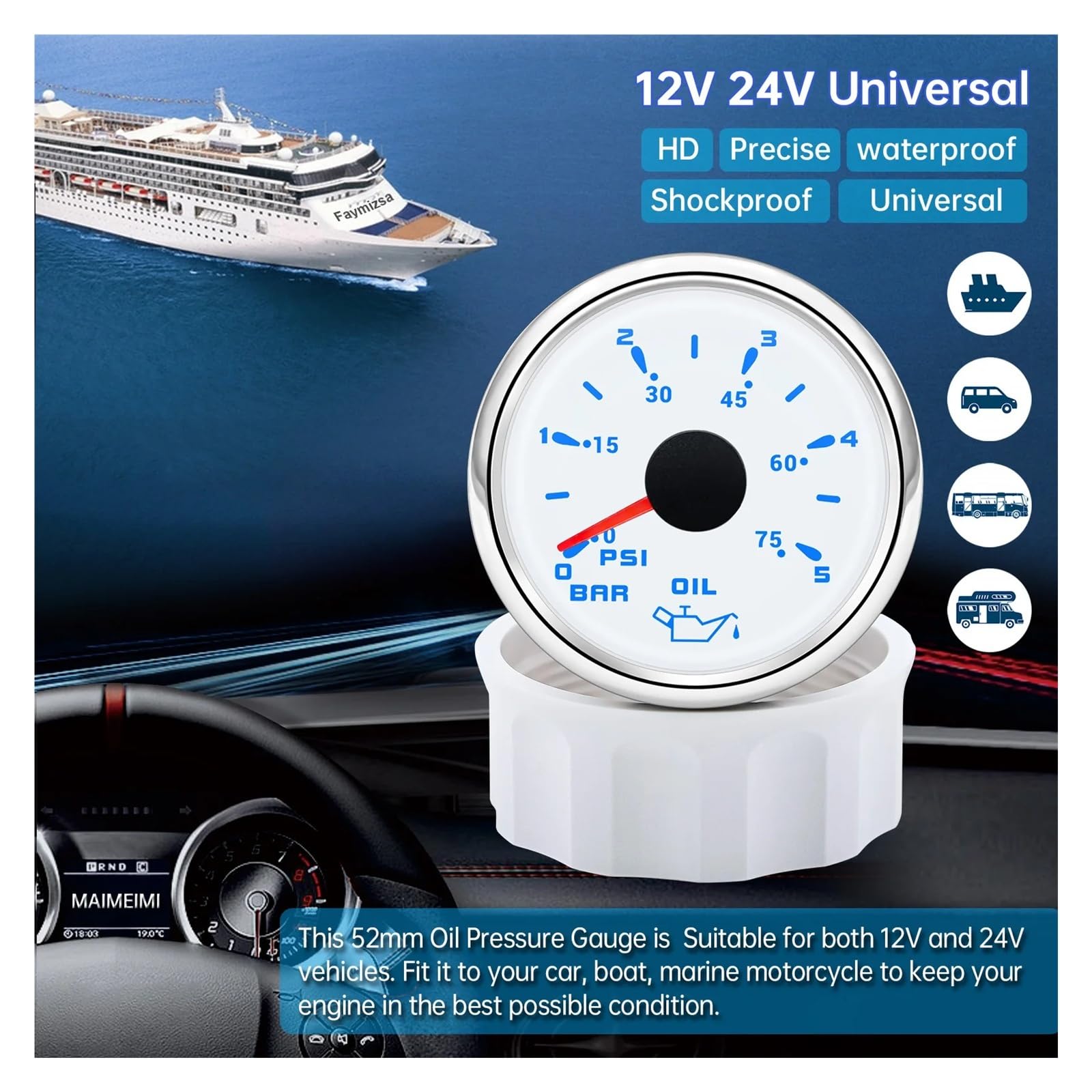 Jauge de pression d'huile + capteur, lumière 7 couleurs 52mm, indicateur de pression d'huile 5Bar/10Bar for voiture Yacht bateau 12V 24V Lectures claires(WS 0-10 Bar)