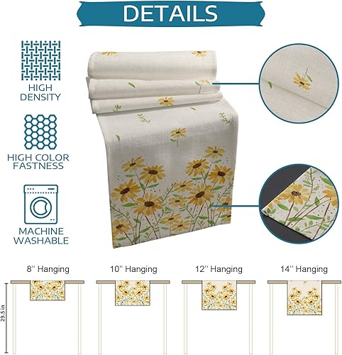 Miniatura 7 de Camino de mesa floral de primavera de 120 pulgadas de largo, bufandas de vestir de granja, margaritas amarillas, verano, textura de lino, botánico,