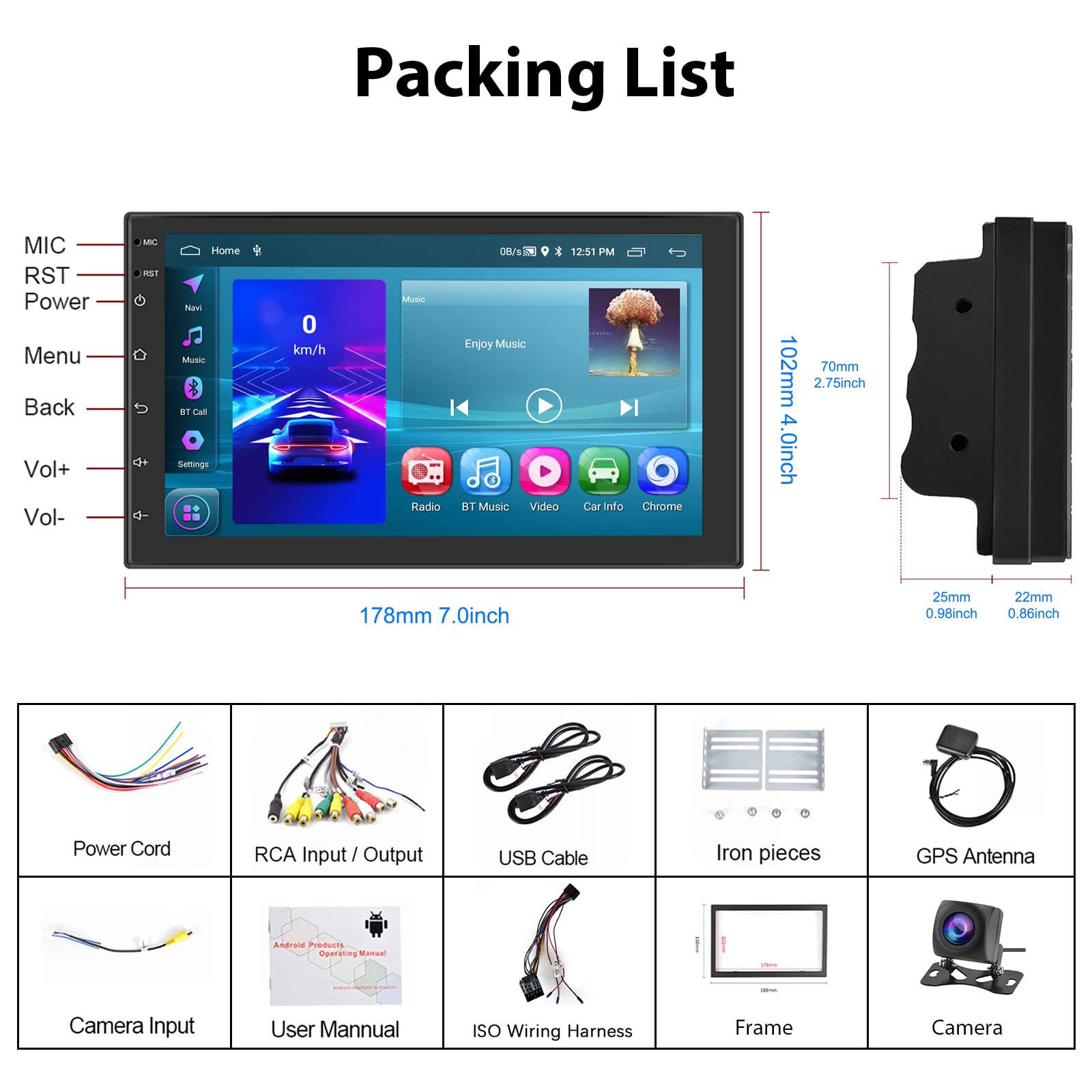 Hodozzy 2G+64G Android Autoradio 2 Din Carplay sans Fil Android Auto, Radio Voiture Android 7 Pouces écran Tactile avec Lien Miroir GPS Bluetooth, HiFi, FM/RDS Radio, WiFi, USB,AHD Caméra Recul