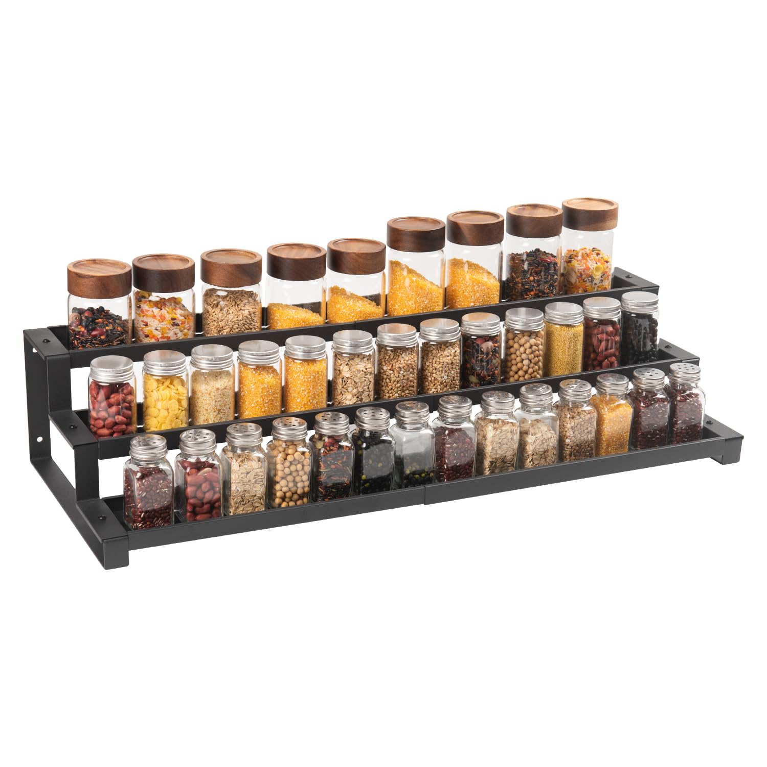 GOENDR Expandable Spice Rack(41-75 cm), 3 Tiered Spice Organiser for Inside Cupboard, Wall-Mountable Seasoning Organizer, Large Spice Jars Rack for Kitchen, Countertop, Pantry, Bathroom, Black