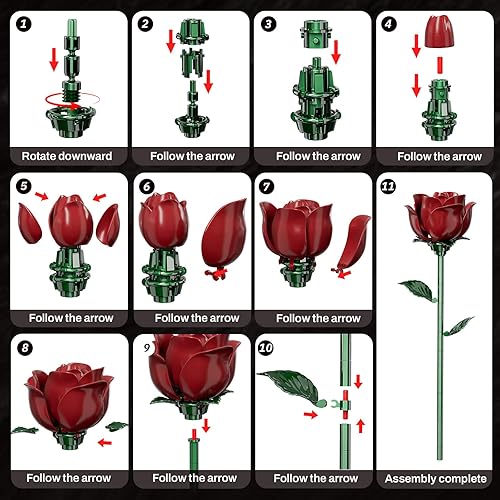 Miniatura 5 de Conjunto de Construcción de Ramo de Rosas Rojo Burdeos para Mujeres Adultas - Paquete de 12 Colección Botánica Regalo para Navidad Día de San