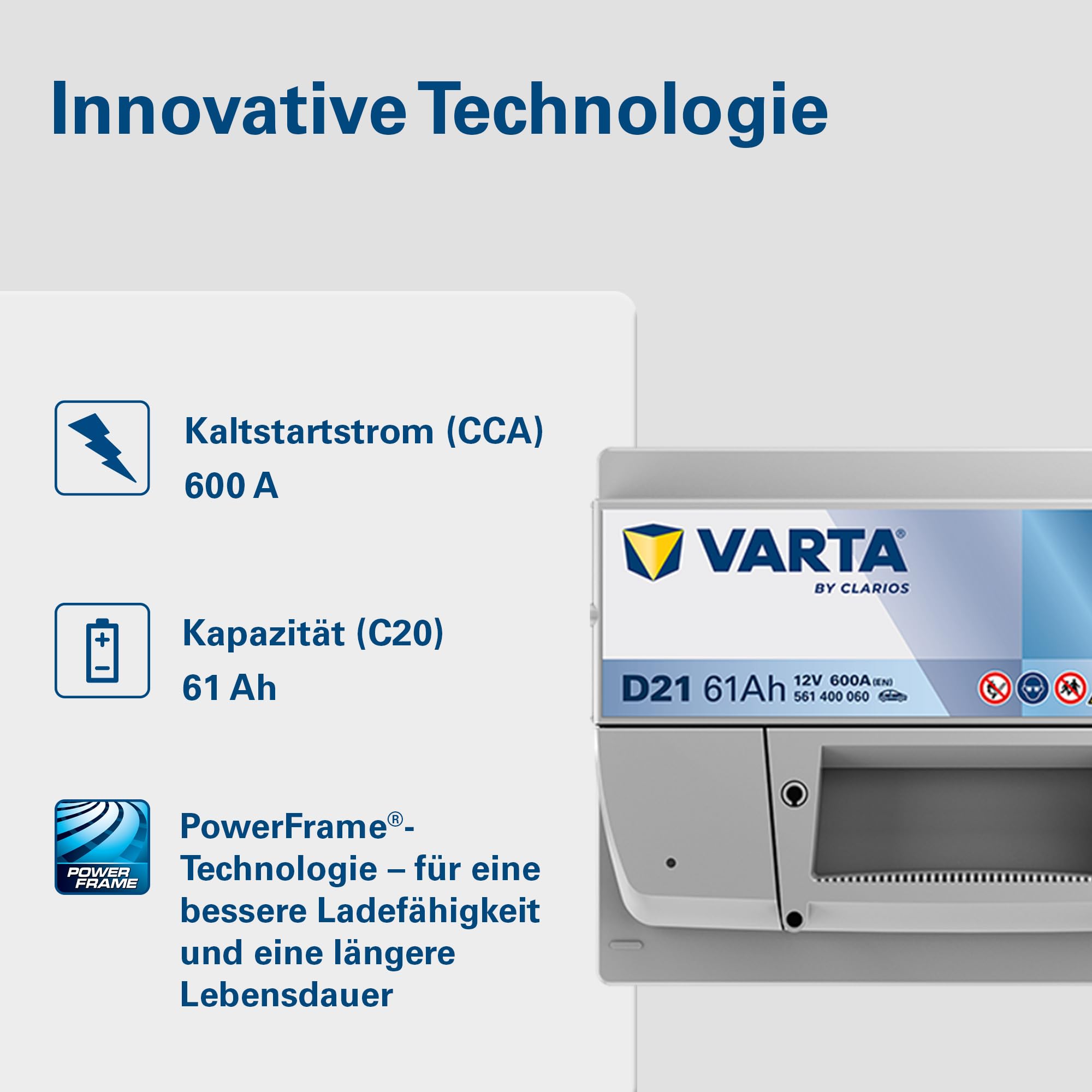 VARTA Automotive DYNAMIC SLI (D21) 12V 61Ah 600A - Nassbatterie KFZ mit Standardausstattung & ohne Start-Stopp System - Starterbatterie für einfachen Energiebedarf - Bleisäurebatterie wartungsfrei