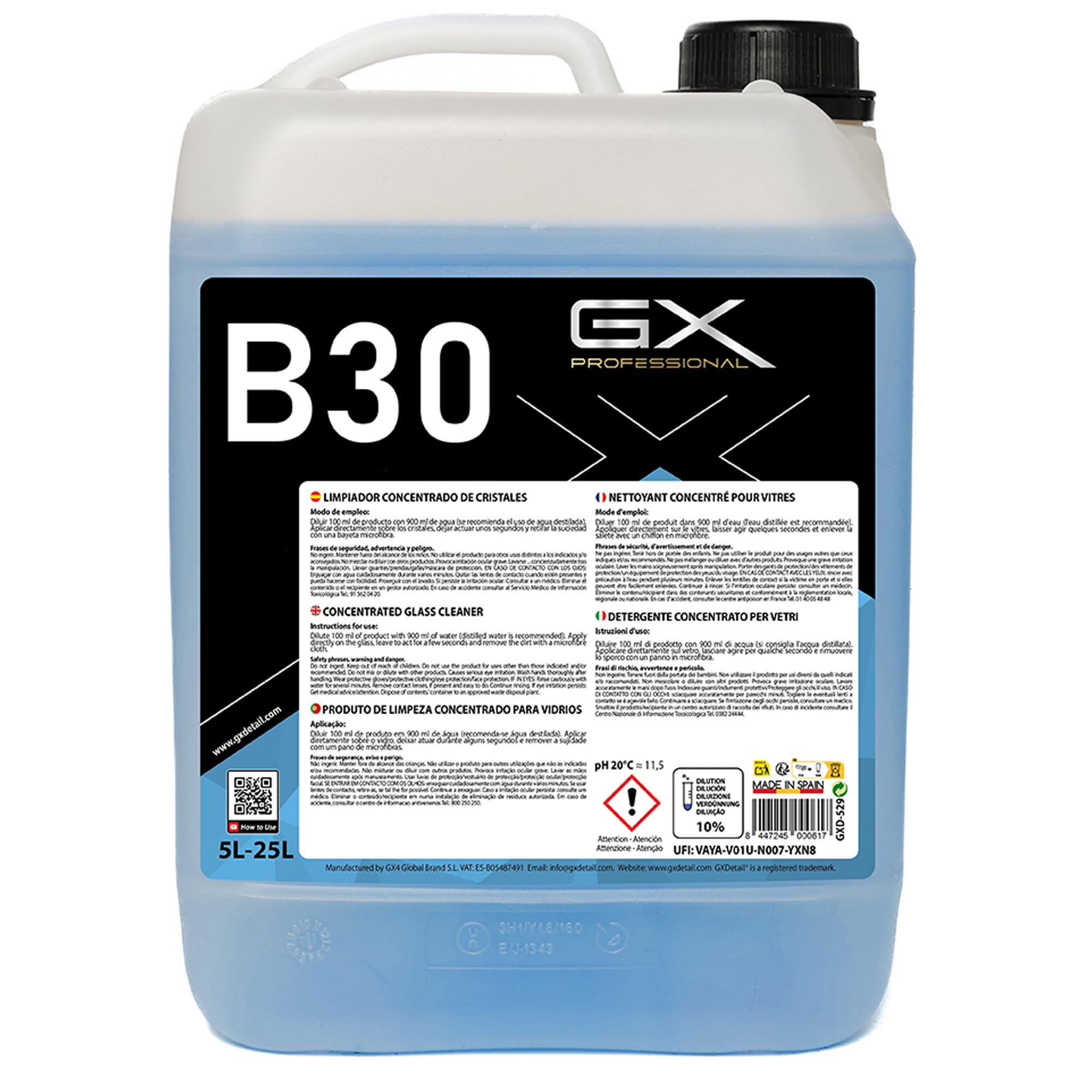 GxDetail Limpiador de Cristales Concentrado 5 Litros para Coche – Elimina Suciedad, Grasa y Manchas – Visión Clara y Sin Residuos – Fórmula Avanzada y Secado Rápido