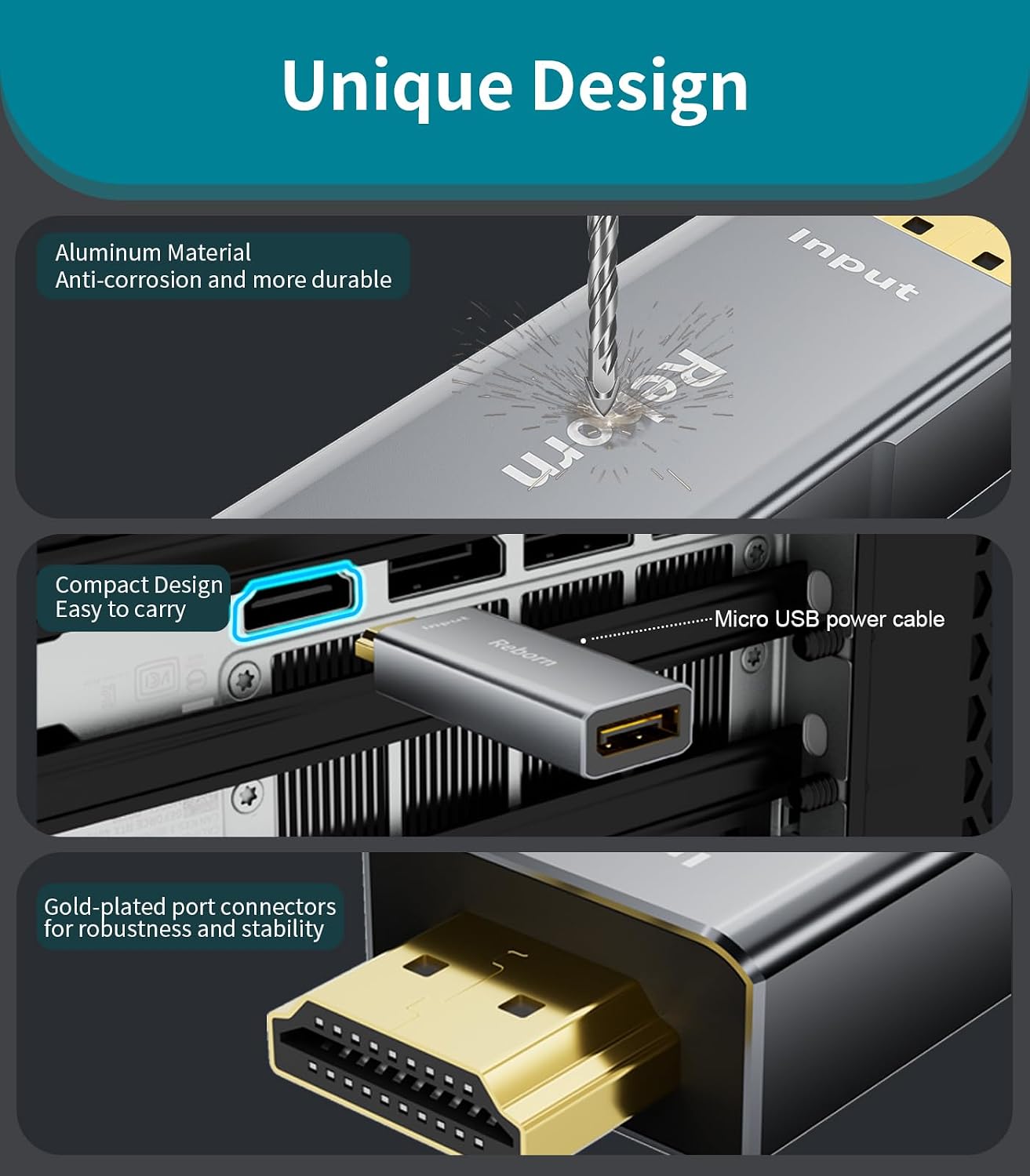 Reborn HDMI to DisplayPort Adapter | 4K@60Hz HDMI (Source) 2.0 Male to DP (Display) 1.2 Female Converter [1Pack] Display Port Adapter Compatible with Laptop,AMD,NVIDIA,PS5,Xbox and More