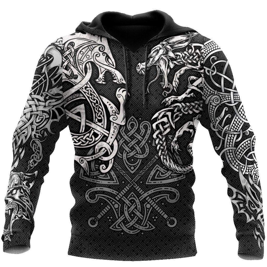 Norse Mythology Celtic Wolf/Dragon War Viking Hoodie, Vintage Odin Tattoo 3D Print Pullover Sweatshirt, Unisex Harajuku Street Jacket, Hoodie,4XL