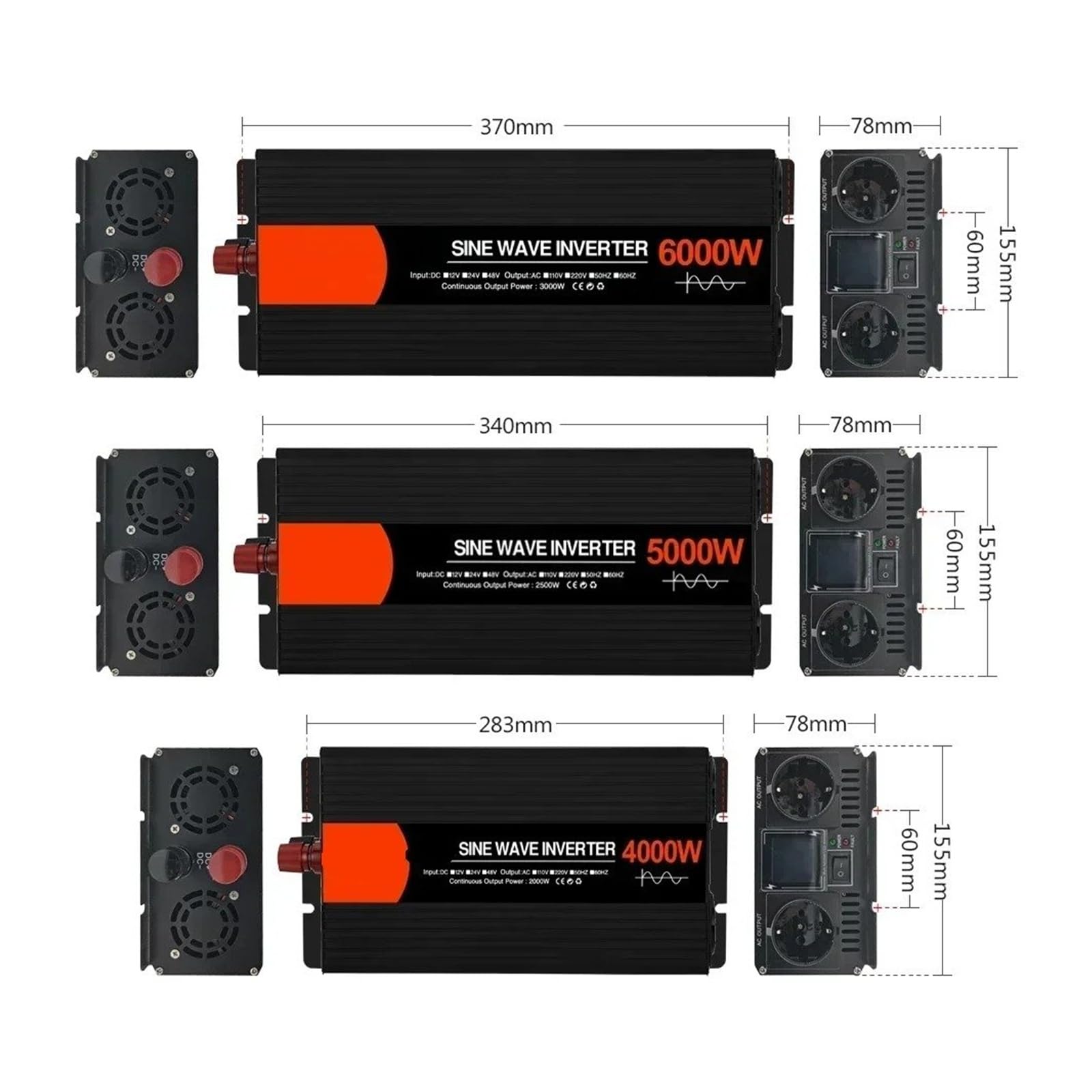 Inversor Potencia Convertidores Voltaje Coche Convertidor Voltaje 4000W 5000W 6000W Onda Sinusoidal para Pura Doble Enchufe CC 12V 24V 48V Ca 220V Convertidor