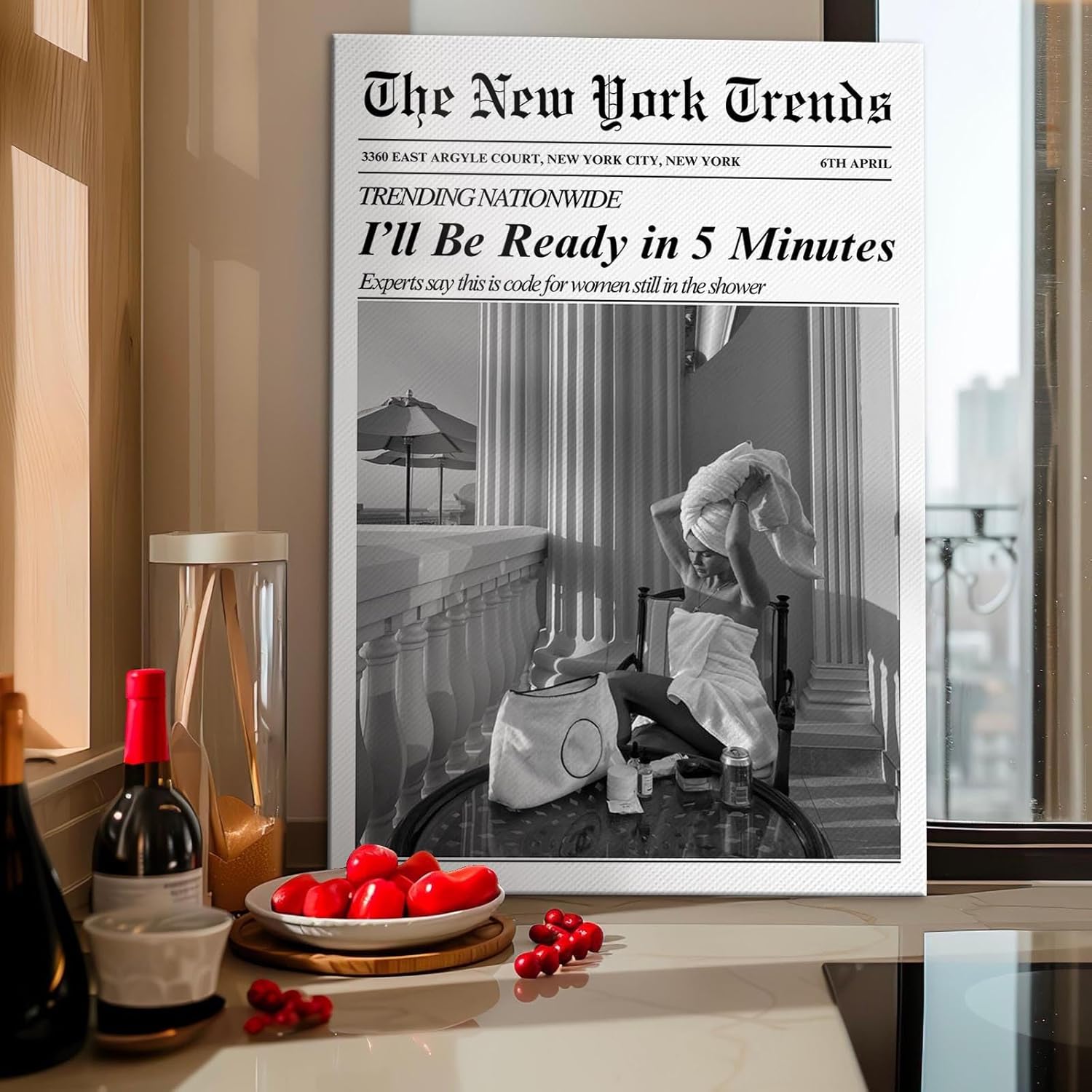 Vintage Black White Newspaper Wall Art I'Ll Be Ready In 5 Minutes Posters Feminism Stylish Glam Girl Canvas Print Wall Decor For Girl Dorm Bedroom Bathroom 12X18 in Black Framed Ready To Hang