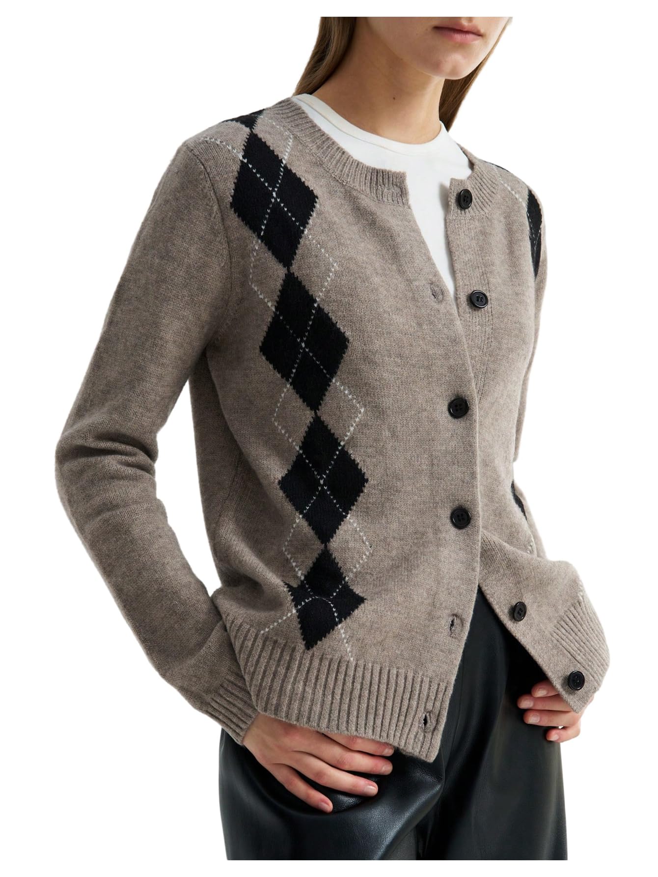 SHENHE Womens Button Up Cardigan Sweater Crew Neck Fall Argyle Sweater Preppy Cardigan