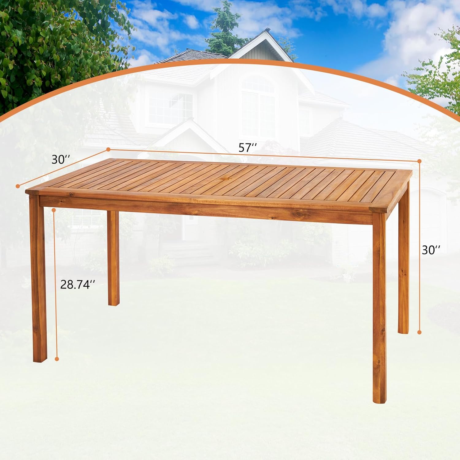 VINGLI Outdoor Dining Table, 57" Acacia Wood Rectangular Table with Umbrella Hole for Deck, Backyard, Lawn, Garden, Indoor