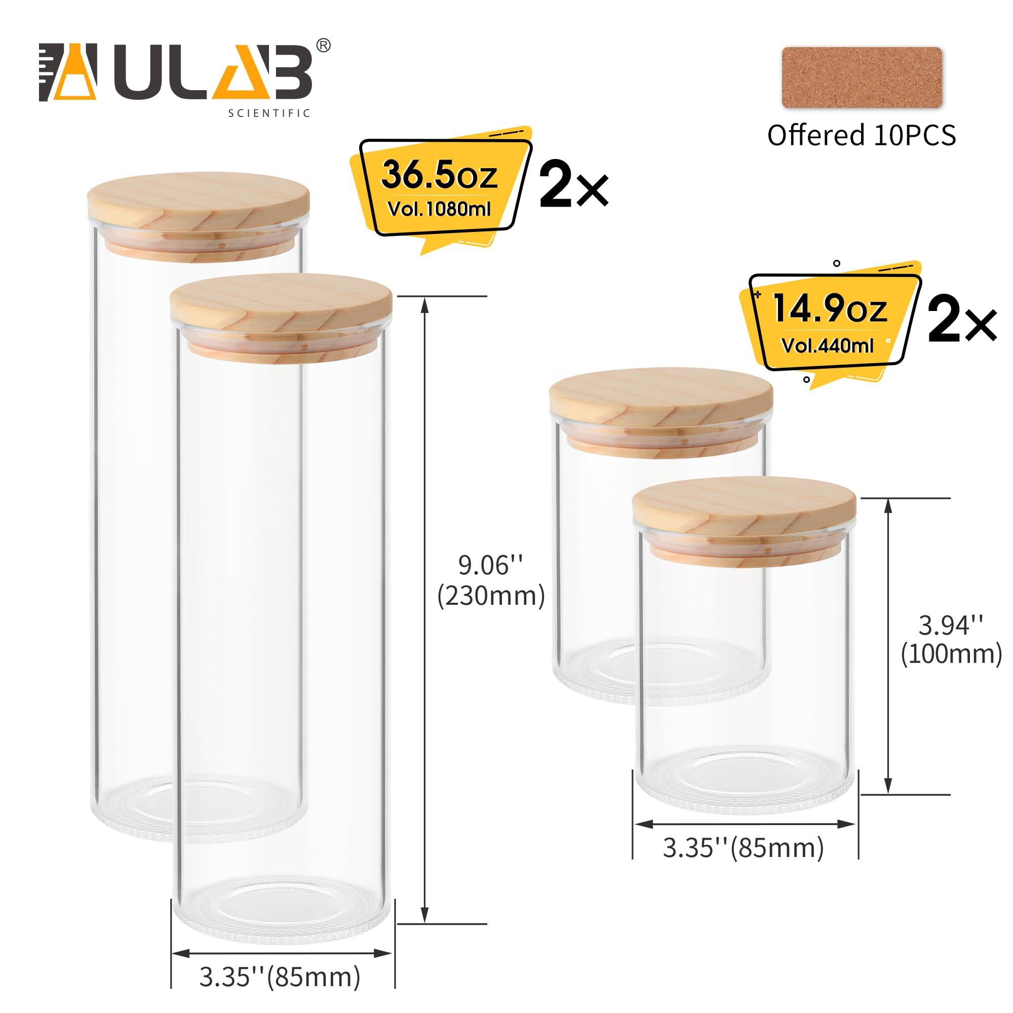 ULAB Juego de recipientes de vidrio grueso para alimentos con tapa, tarro de almacenamiento transparente, juego de recipientes herméticos de vidrio para galletas, pasta, granos de café, USJ1003