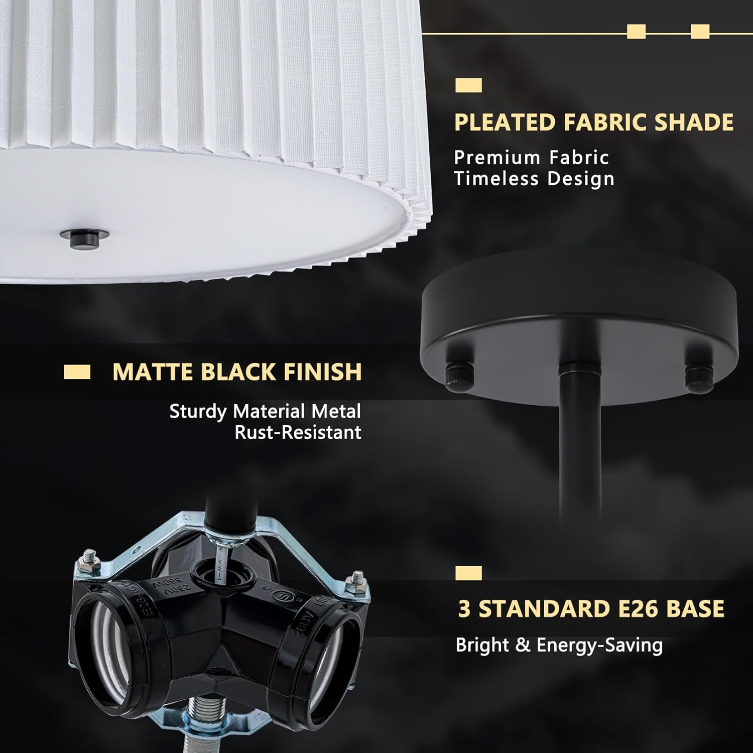 bargeni 16.5 inch semi flush mount ceiling light,3 light modern black ceiling light fixture with pleated fabric shade,flush mount light fixture for bedroom,living room,hallway,dining room black 16.5inch