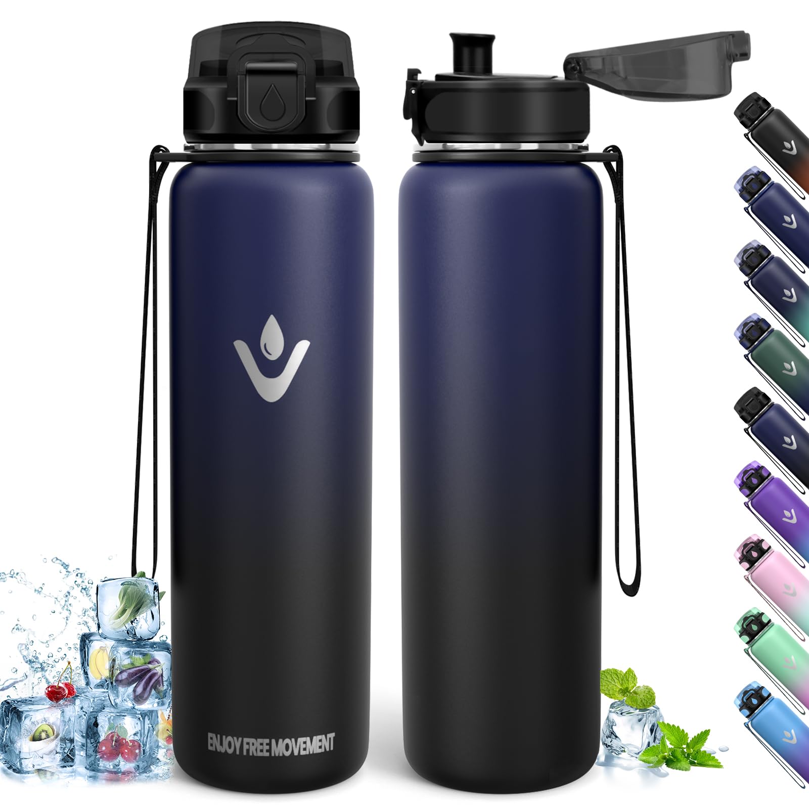 Trinkflasche Edelstahl, 1L BPA-Frei, Thermosflasche, Auslaufsicher, Thermoskanne, Doppelwandige Isolierung, Isolierflasche, Wasserflasche, 18/8 Edelstahl, Thermoskanne für Wandern, Laufen, Schule