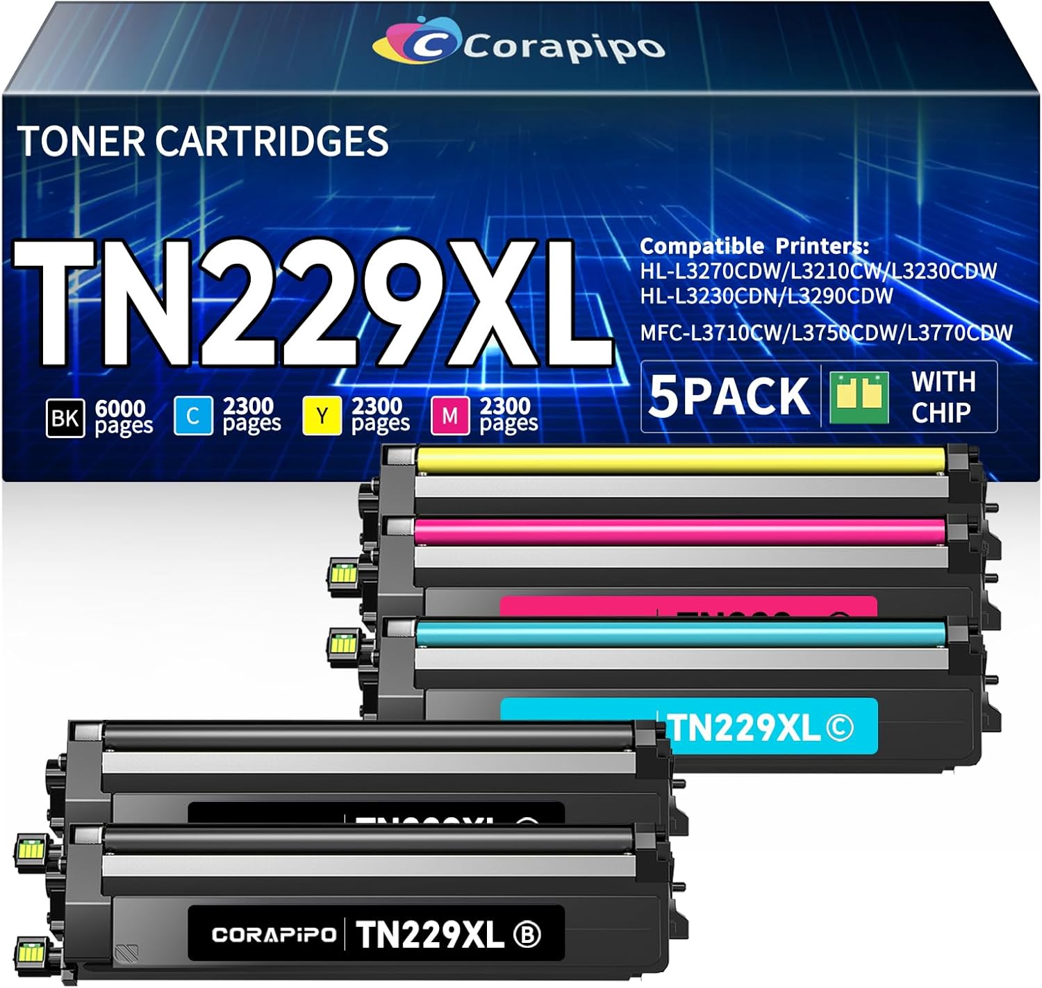 TN229XL High Yield Toner Cartridge Set 5 Pack Compatible for Brother TN299/XL/V TN229 XL 229XL Toner Cartridge Work with MFC-L3780CDW MFC-L3720CDW HL-L3220CDW HL-L3280CDW HL-L3295CDW Printer