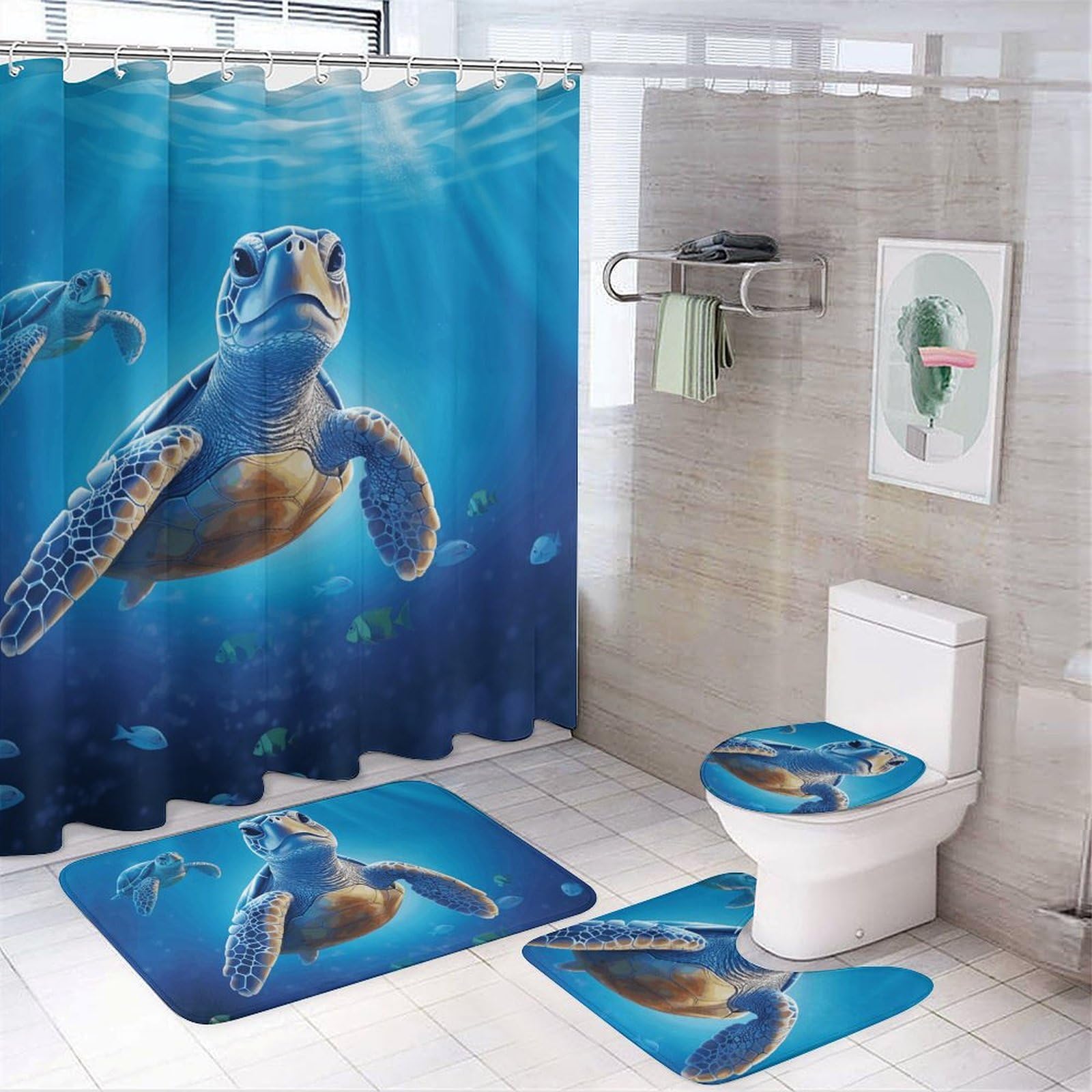 Ensemble salle de bain tortue marine 4 pièces rideau oxford et tapis corail