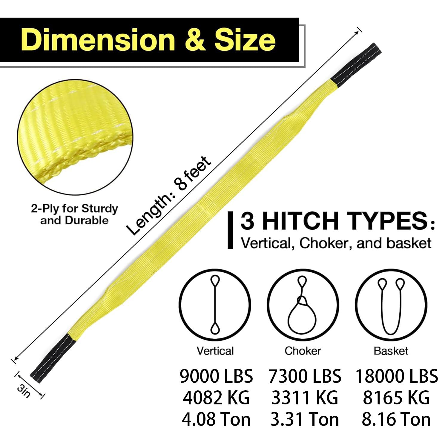 Lift Sling Straps,3" x 8' 2-Ply Heavy Duty Flat Eye Lift Sling,Flat Eye Polyester Lifting Straps Tree Saver Recovery Strap Web Sling Rigging Securing Moving Tow Hoisting Gear Straps Kit 18000lb