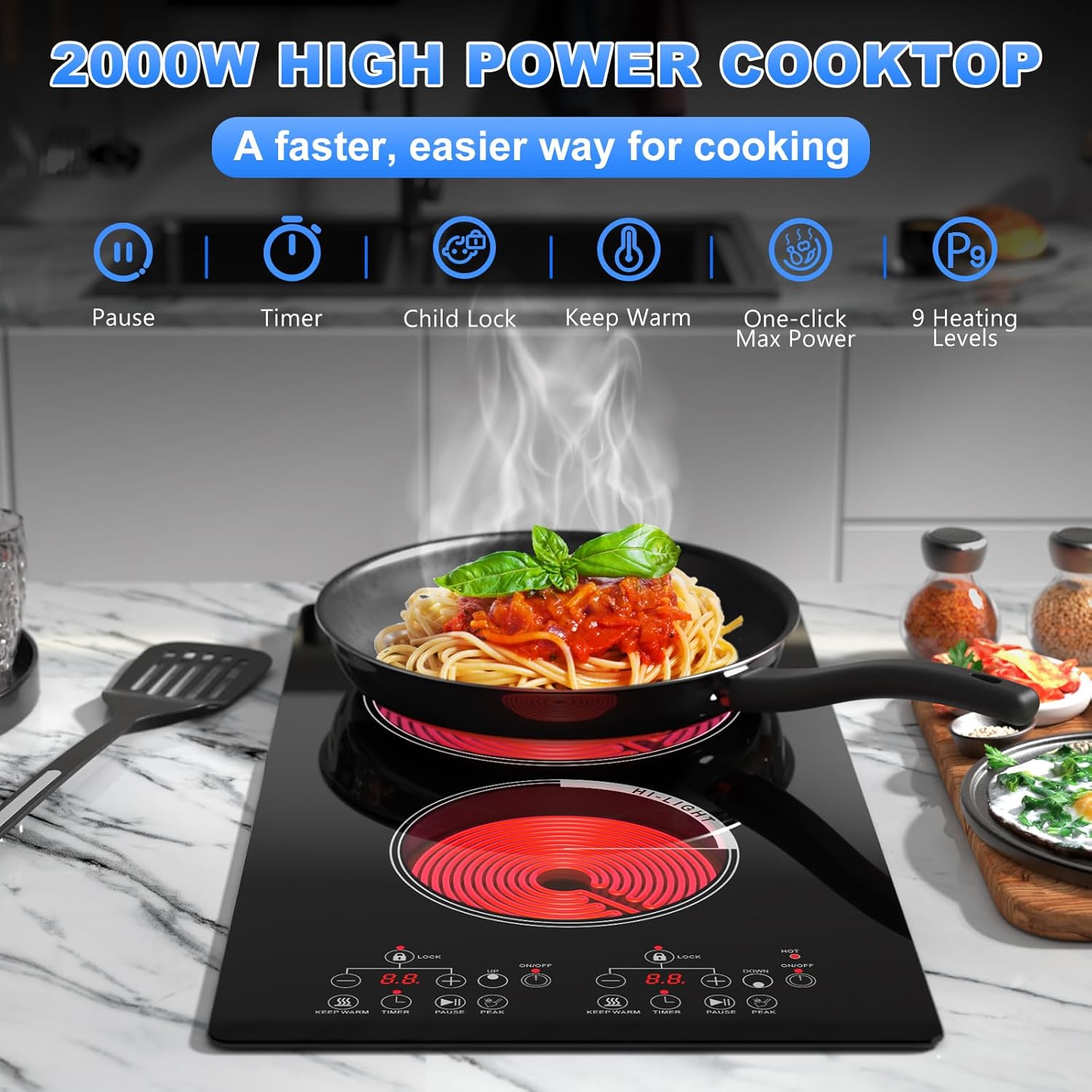 2 Burner Electric Cooktop 12 Inch, 110V Plug-in Electric Stove Top Burner, Built-in & Countertop Ceramic Glass Stove Top with 9 Power Levels,Overheat Protection,2000W