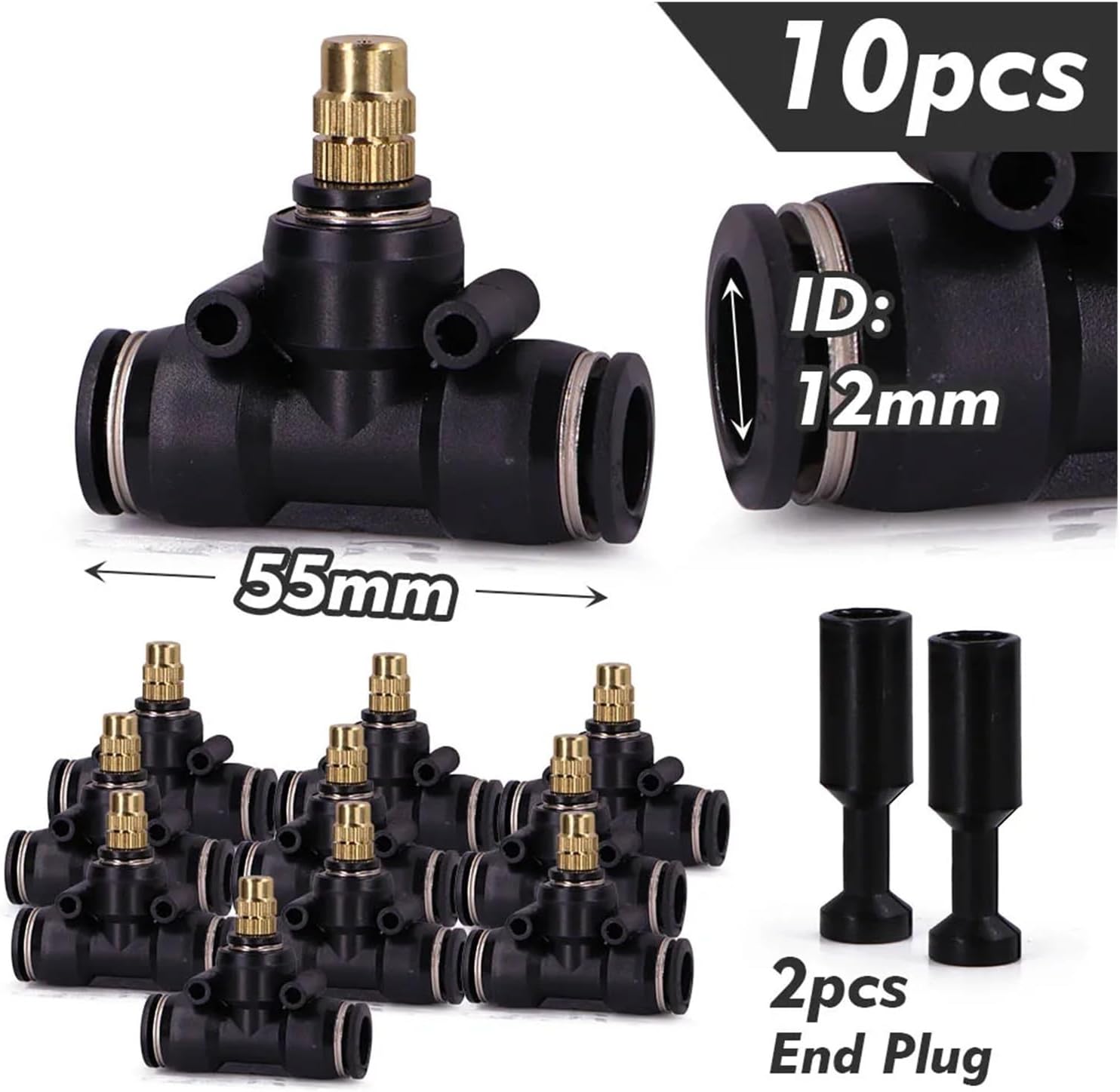 Adjustable Misting Nozzle with Tee Adapter - Brass & Plastic Irrigation Sprayer for 6/8/10/12mm Hose Perfect for Garden Watering and Cooling Systems(For 12mm Tubing)