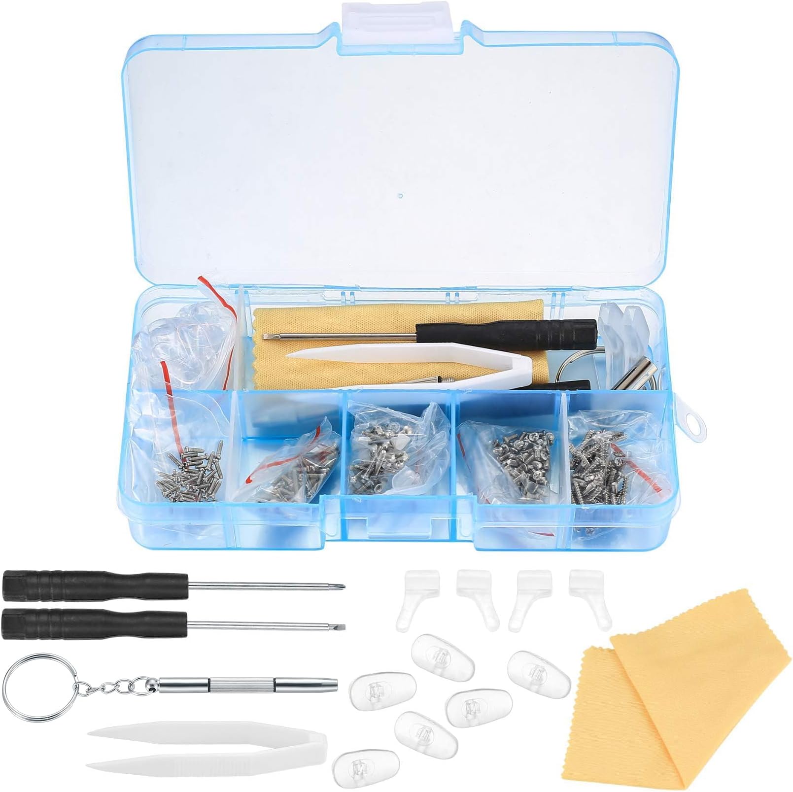Eyeglasss Sunglass Glasses Spectacles Repair Tool Kit Set, with Mini Screwdriver, Screws Nut, Silicone Nose Pads, Glasses Cloth, Tweezer - 500 Pcs