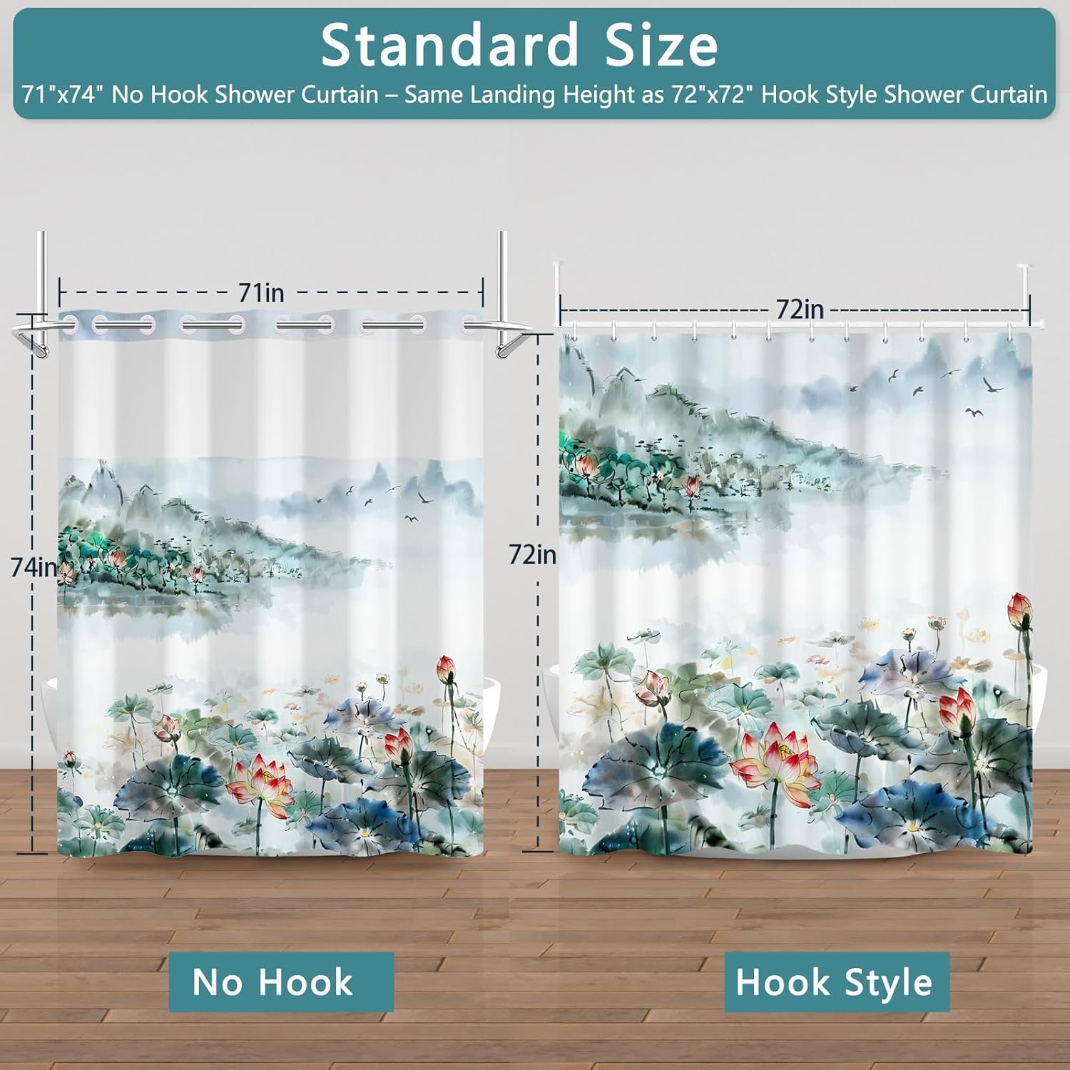No Hook Shower Curtain with Snap in Liner, Ink Lotus Design Shower Curtains for Bathroom Decor, Double-Layer Waterproof Shower Curtain with Sheer Top Window and Weighted Bottom Hem, 71x74 Inches