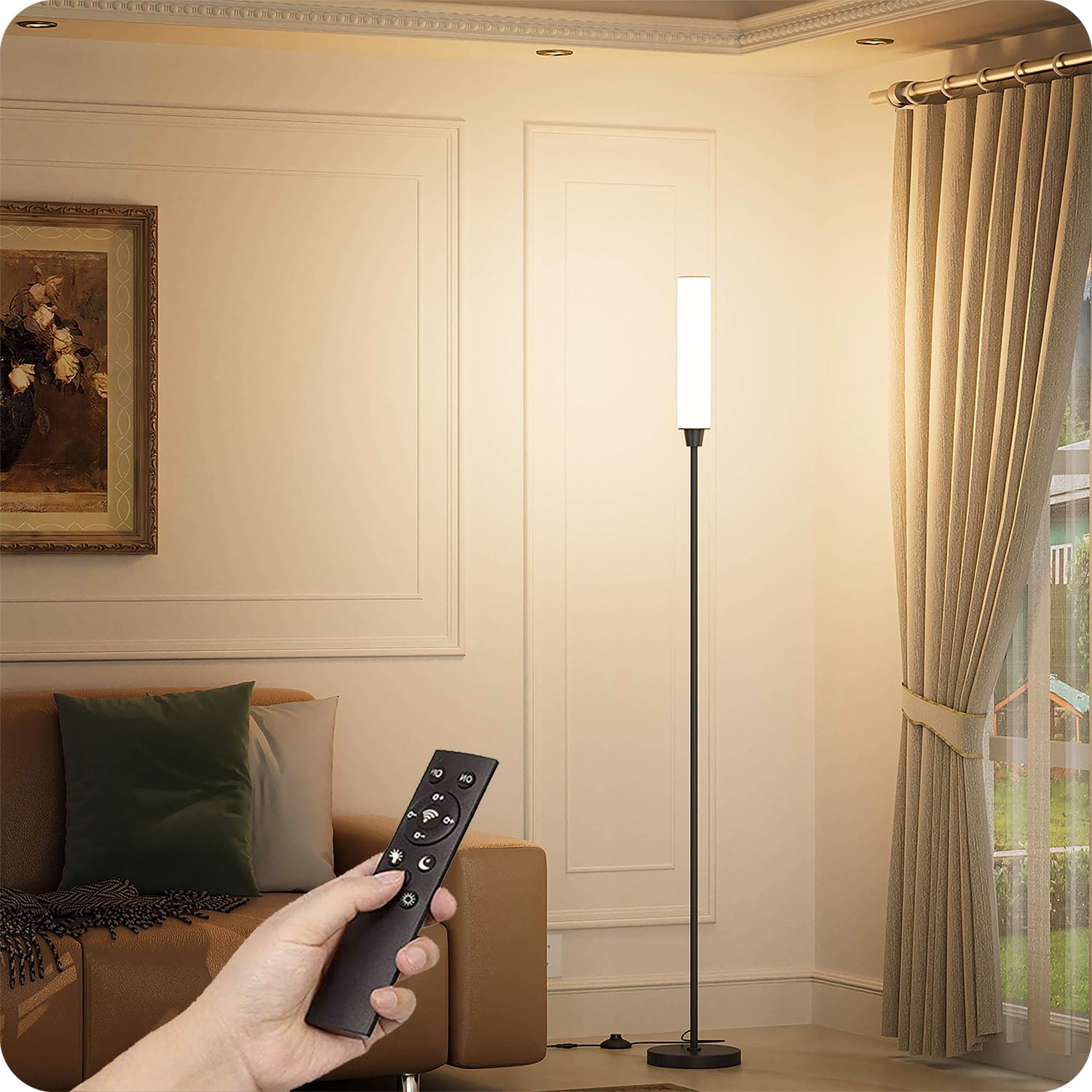 lampara de pie con control remoto，lampara pie salon，lampara de pie led regulable Brillo 10% - 100% y temperatura de color 3000k - 6000k，lámpara de pie con interruptor de pedal (negro)