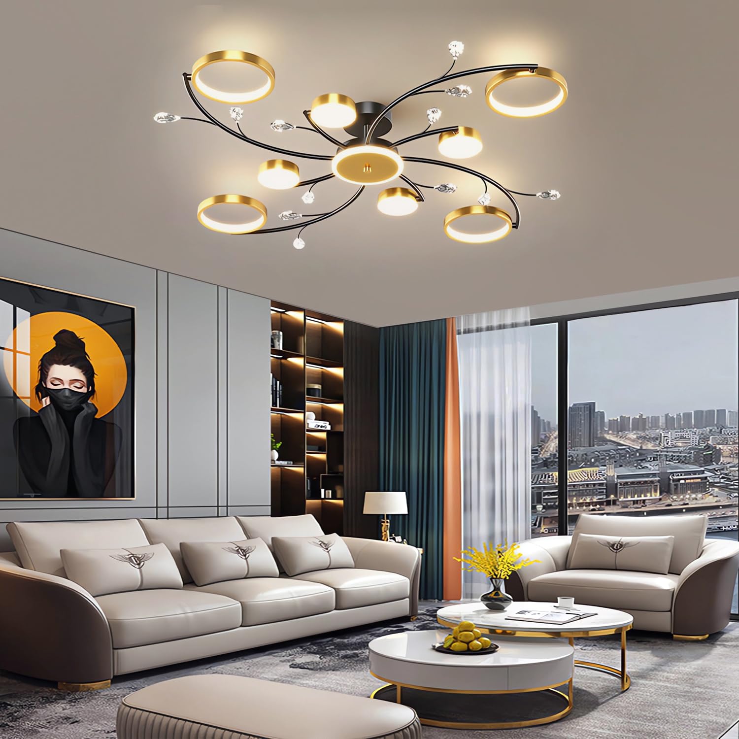 MOMOYY Modern LED Ceiling Light,9 Heads Dimmable Living Room Ceiling Lamp,Semi-Flush Mount Ceiling Lamp,with Remote Control Chandelier, for Living Room, Bedroom, Dining Room (8+1)