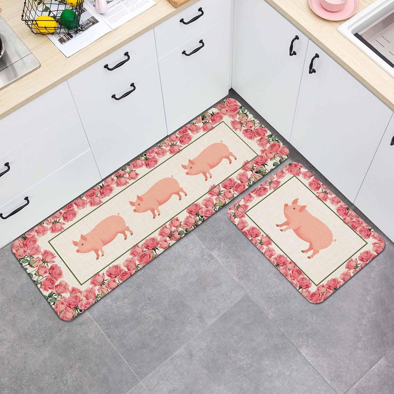 Farmhouse Pig Kitchen Mat Set 2 Pieces Pink Rose Wreath Rustic Country Beige Linen Texture Non Slip Kitchen Rugs Washable Runner Rug Mats for Floor Sink Laundry Office 23.6" x 35.4"+23.6" x 70.9"