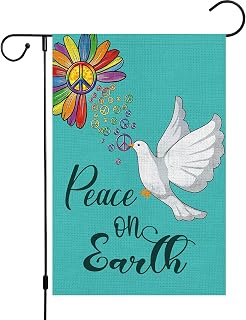 Winter Peace on Earth Garden Flag 12x18 Double Sided, Small Burlap Pray Hope Pigeon Daisy Sunflower Garden Yard Flags World Peace Sign Flag for Seasonal Outside Outdoor House Holiday Hippie Decor (ONLY FLAG)